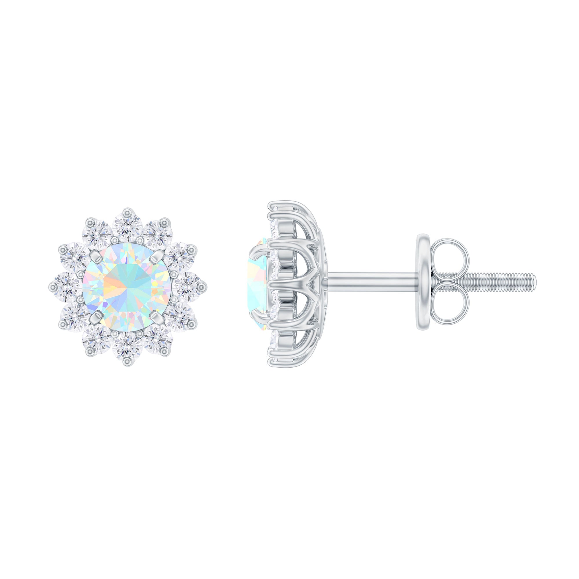 Real Ethiopian Opal Flower Stud Earrings with Diamond Halo Ethiopian Opal - ( AAA ) - Quality - Rosec Jewels