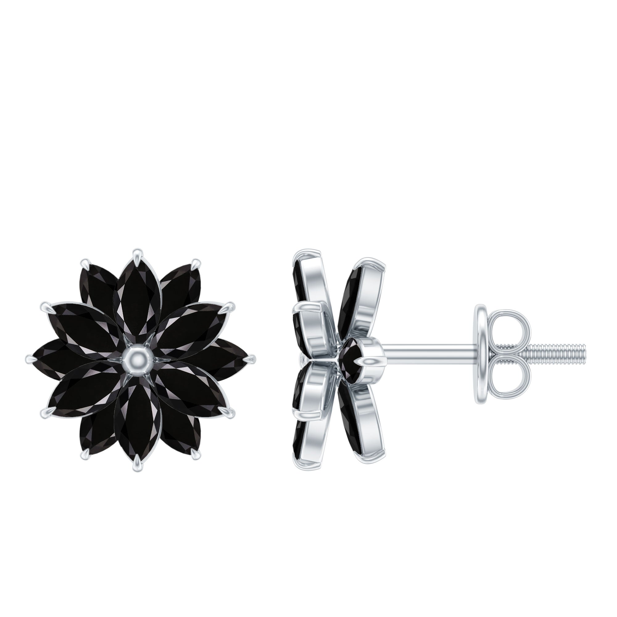 Marquise Shape Black Onyx Floral Statement Stud Earrings
