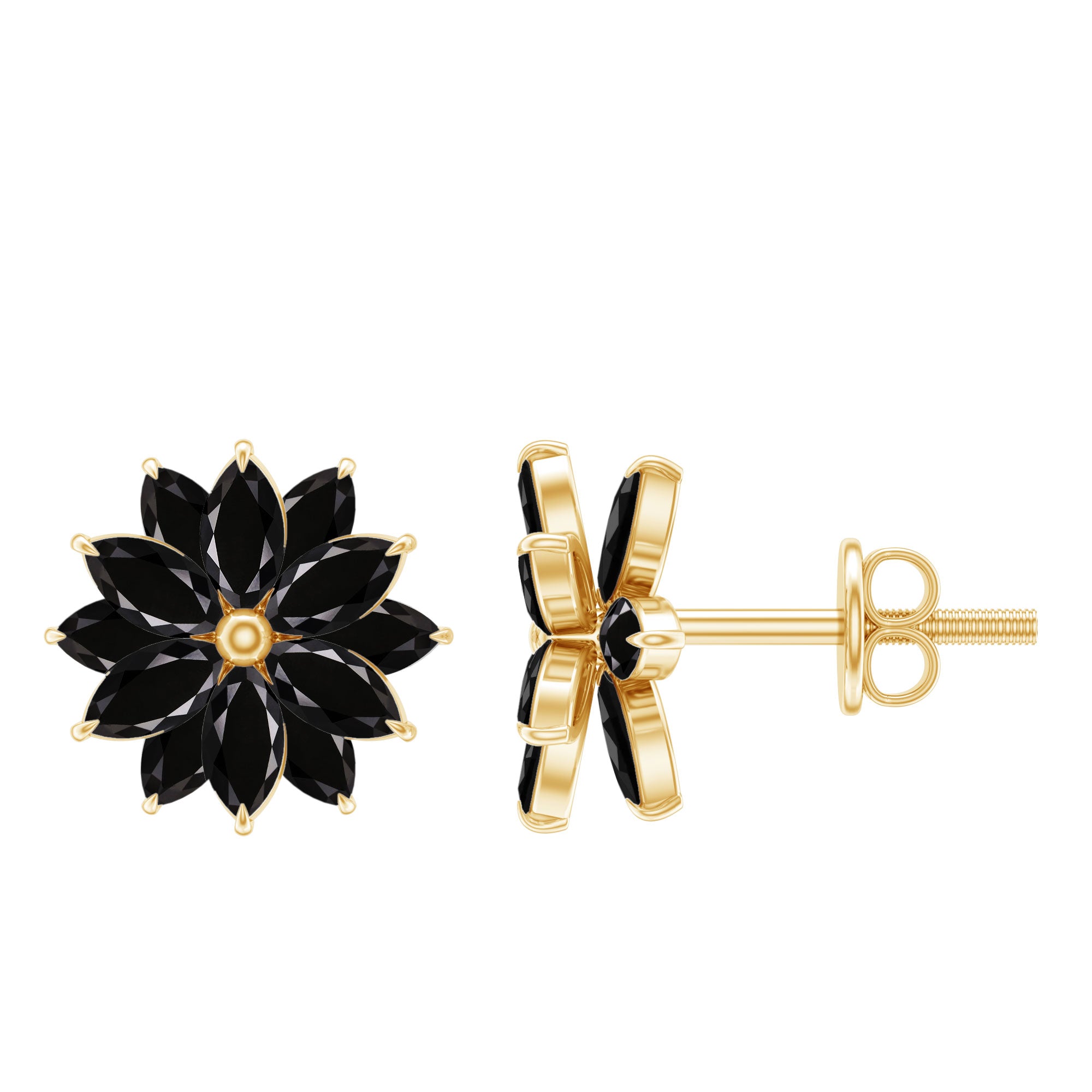 Marquise Shape Black Onyx Floral Statement Stud Earrings AAA - Rosec Jewels