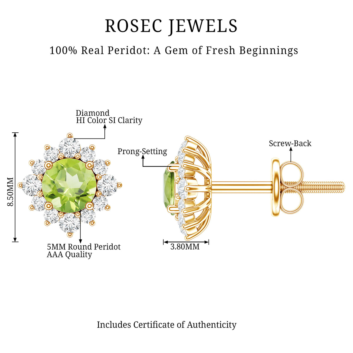1 Carat Peridot Stud Earrings with Diamond Halo AAA - Rosec Jewels