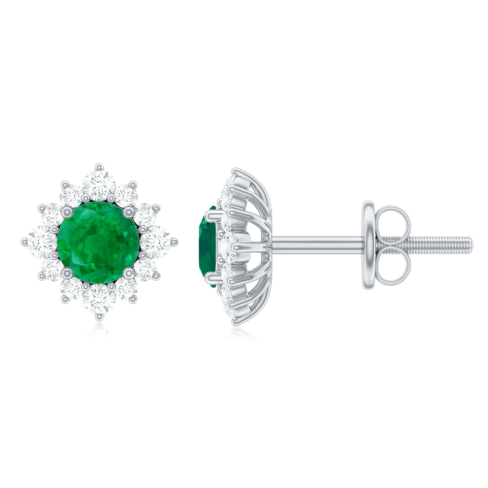 Real Emerald Stud Earrings with Diamond Halo