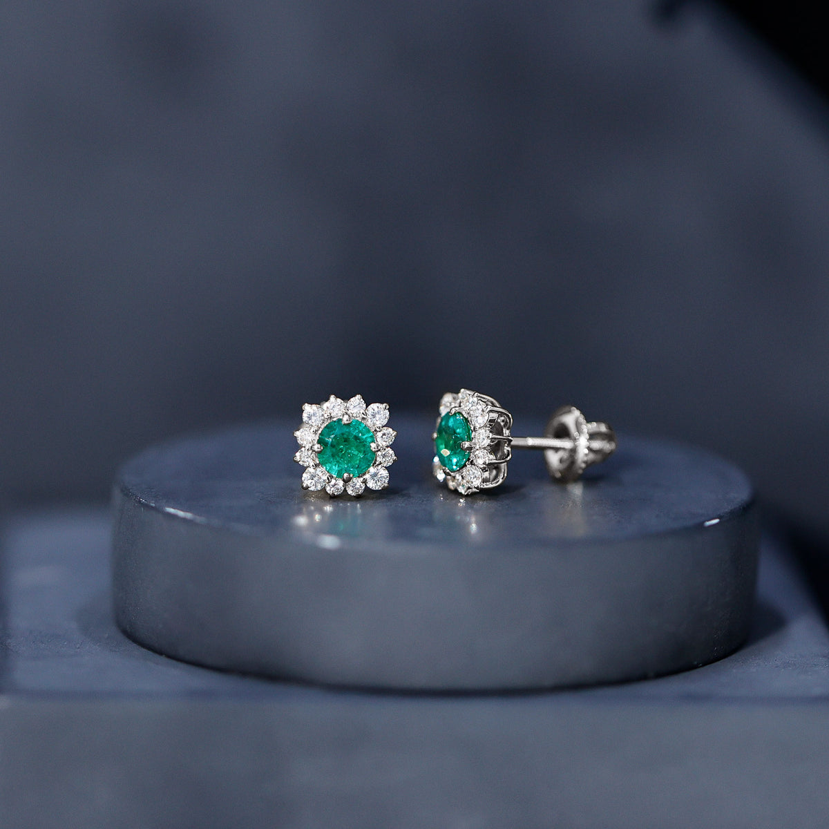 Real Emerald Stud Earrings with Diamond Halo AAA - Rosec Jewels