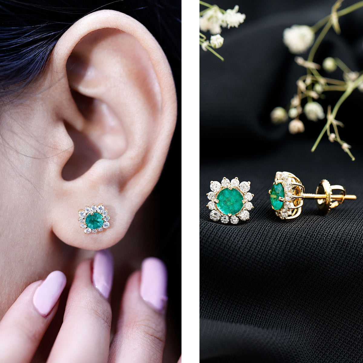 Real Emerald Stud Earrings with Diamond Halo AAA - Rosec Jewels