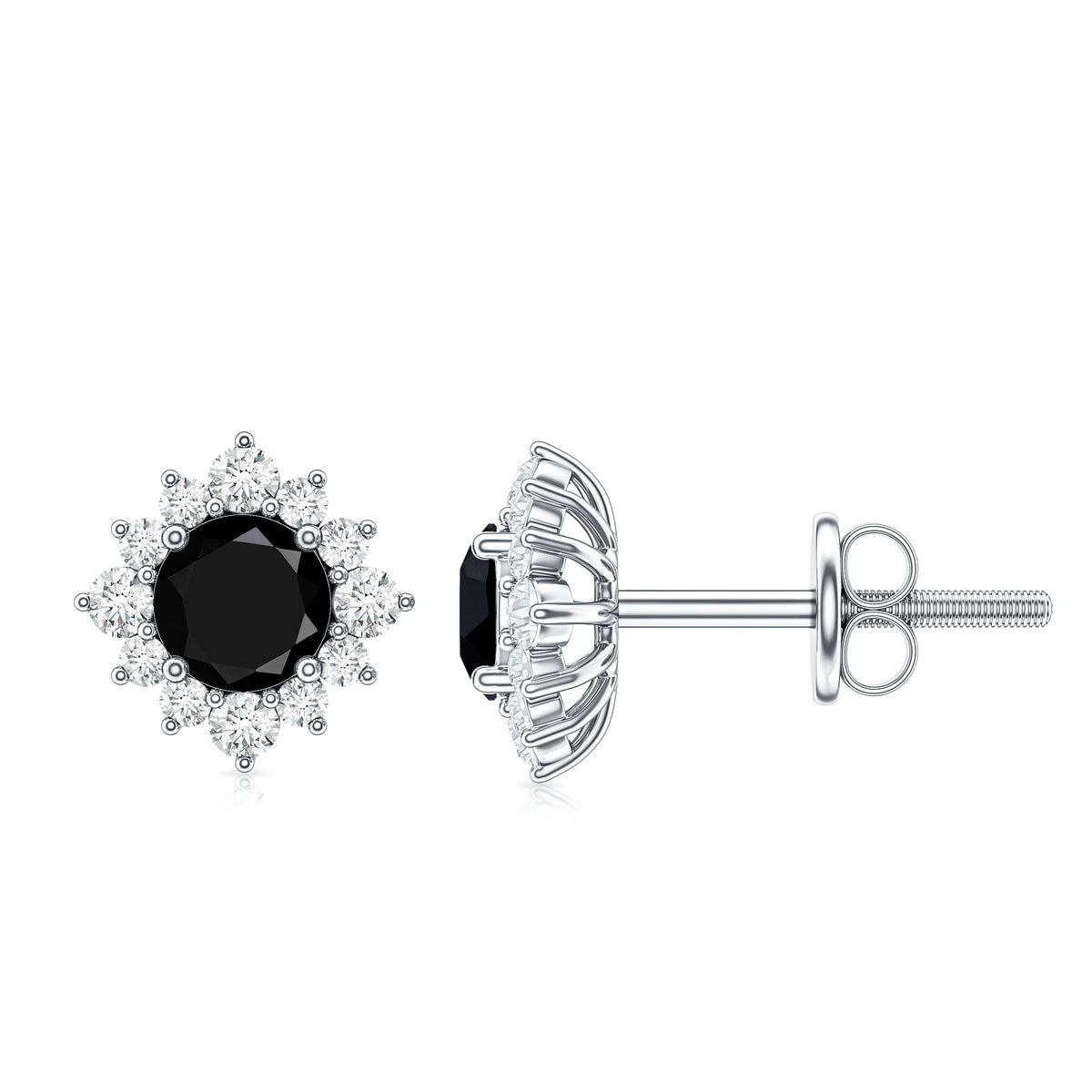 Round Lab Grown Black and White Diamond Halo Stud Earrings AAAA ( Synthetic ) - Rosec Jewels