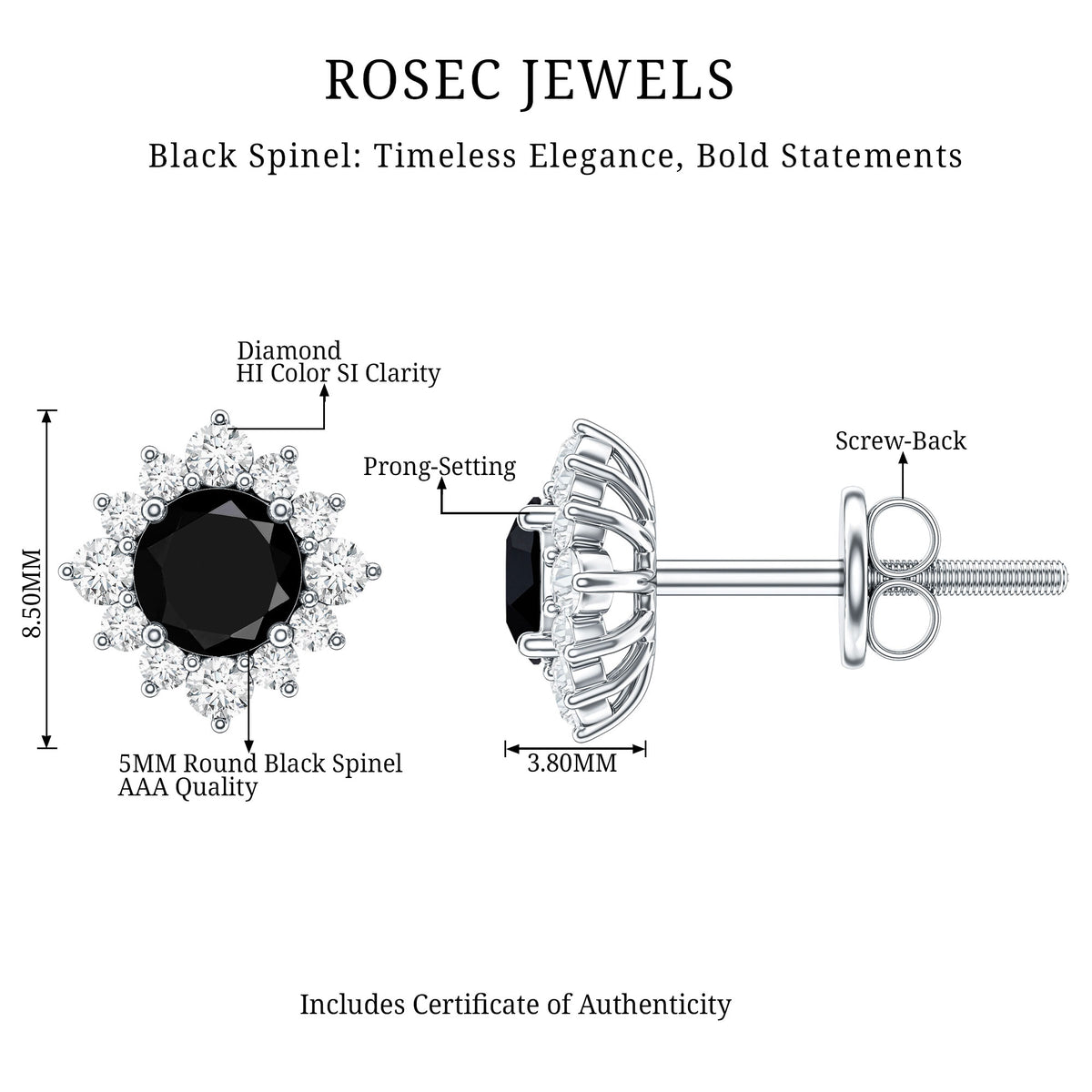 0.9 Carat Black Spinel and Diamond Classic Halo Stud Earrings AAA - Rosec Jewels