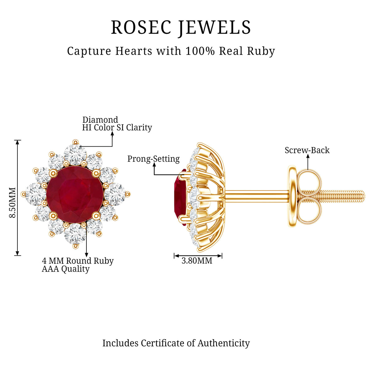 Ruby Classic Stud Earrings with Diamond Halo AAA - Rosec Jewels