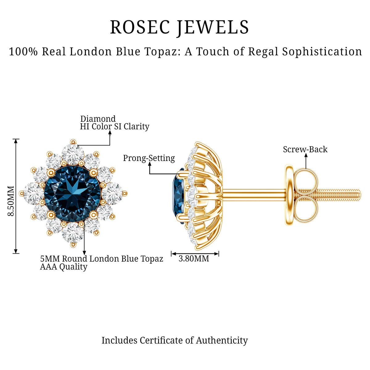 1.2 Carat Classic London Blue Topaz Stud Earrings with Diamond Halo AAA - Rosec Jewels
