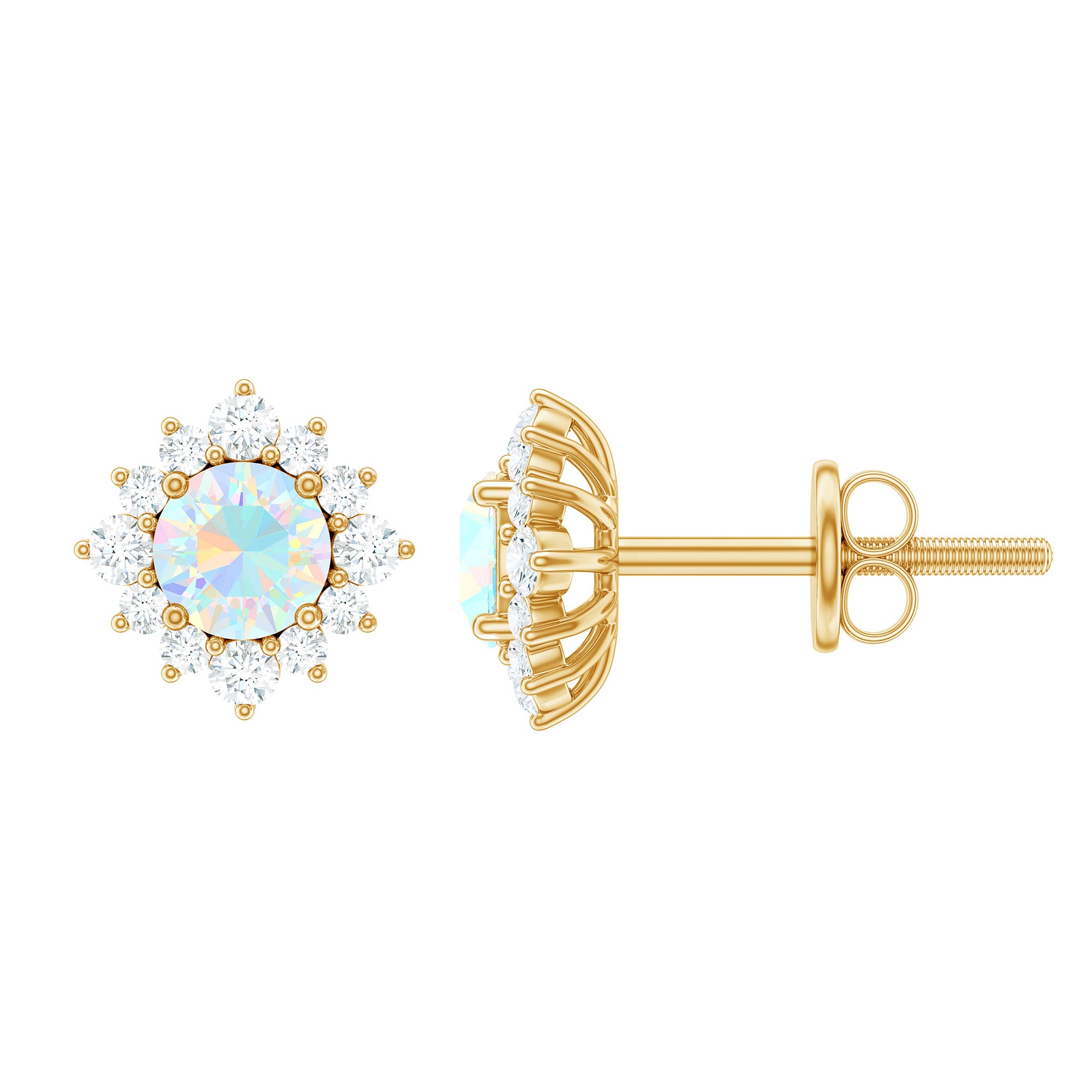 Classic Ethiopian Opal Stud Earrings with Diamond Halo AAA - Rosec Jewels