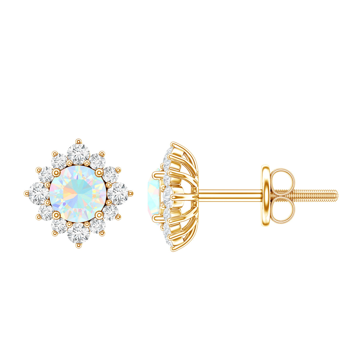 Classic Ethiopian Opal Stud Earrings with Diamond Halo AAA - Rosec Jewels