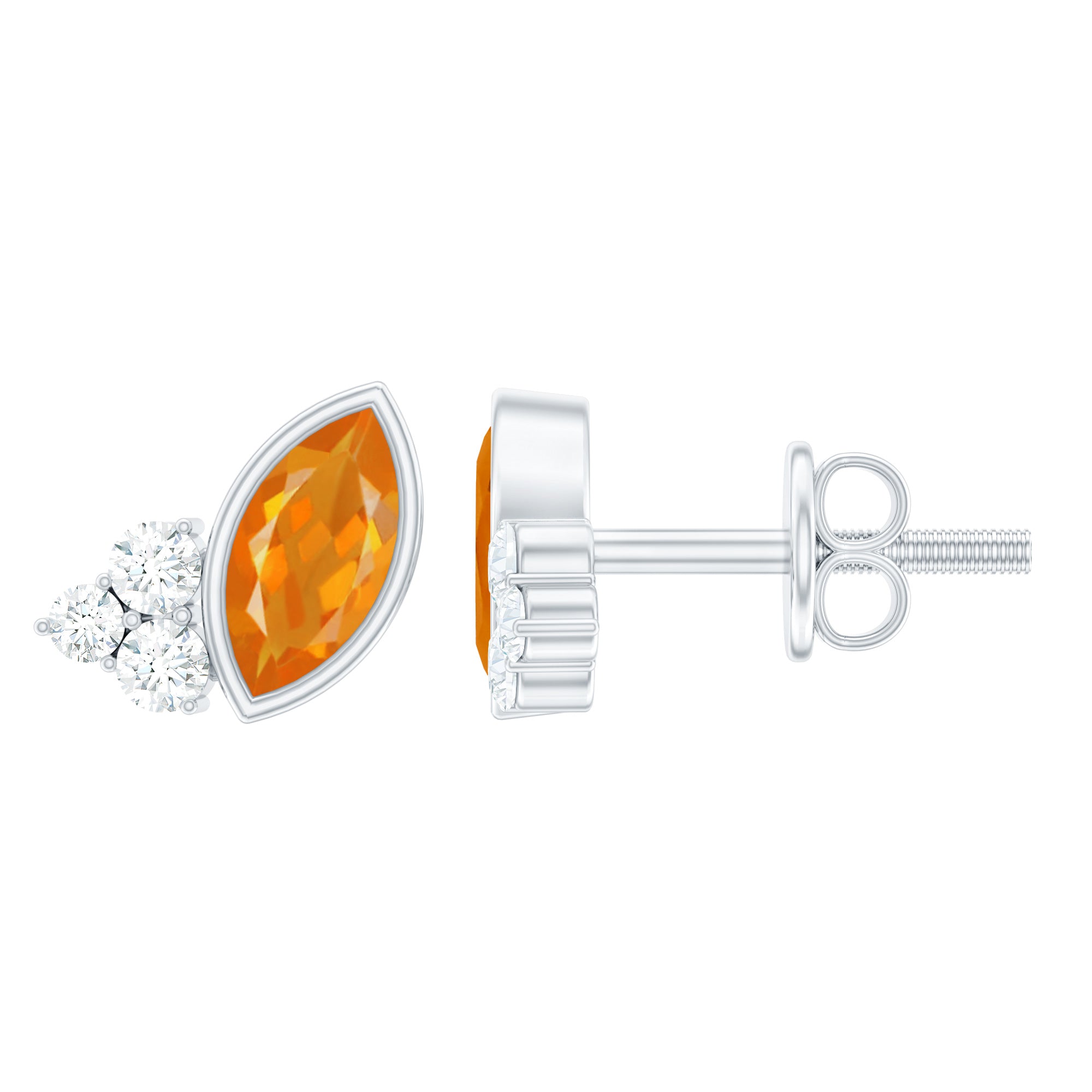 Marquise Cut Fire Opal Stud Earrings with Diamond Trio