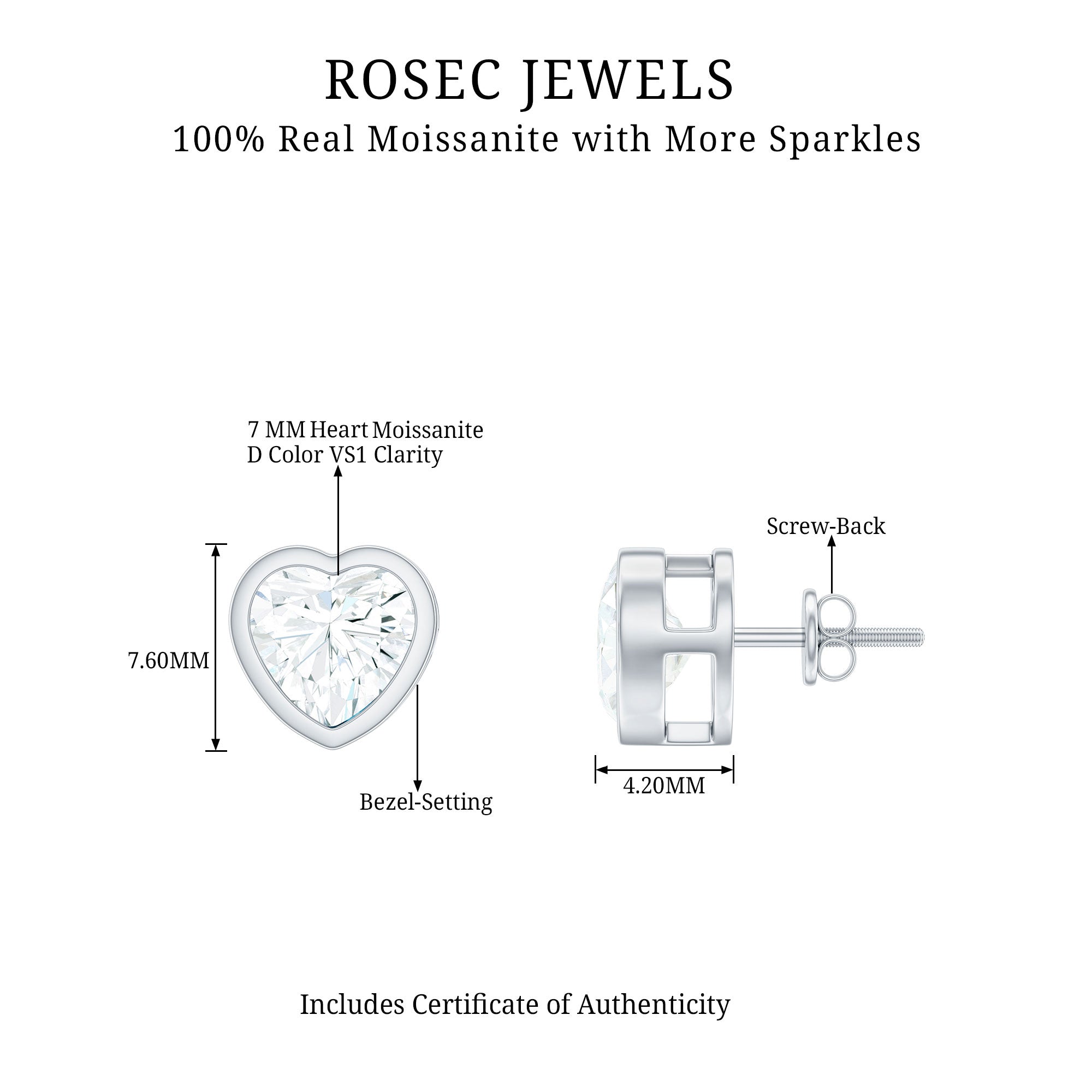 3 Carat Moissanite Heart Stud Earrings in Bezel Setting D-VS1 - Rosec Jewels