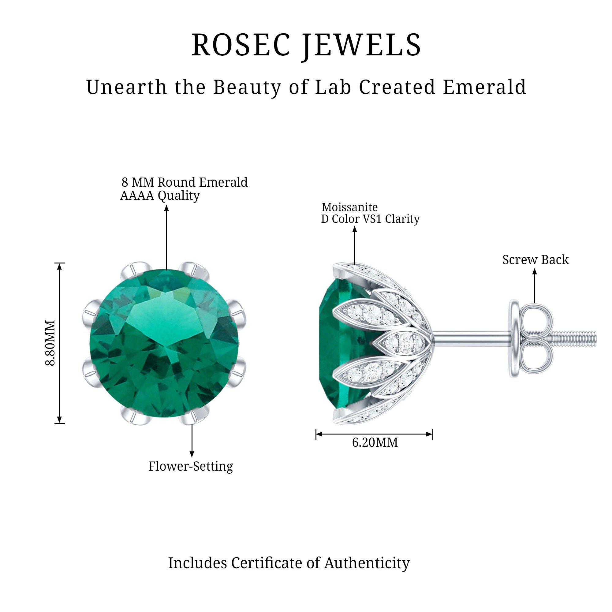 4 Carat Certified Lab Created Emerald Floral Stud Earrings AAAA - Rosec Jewels