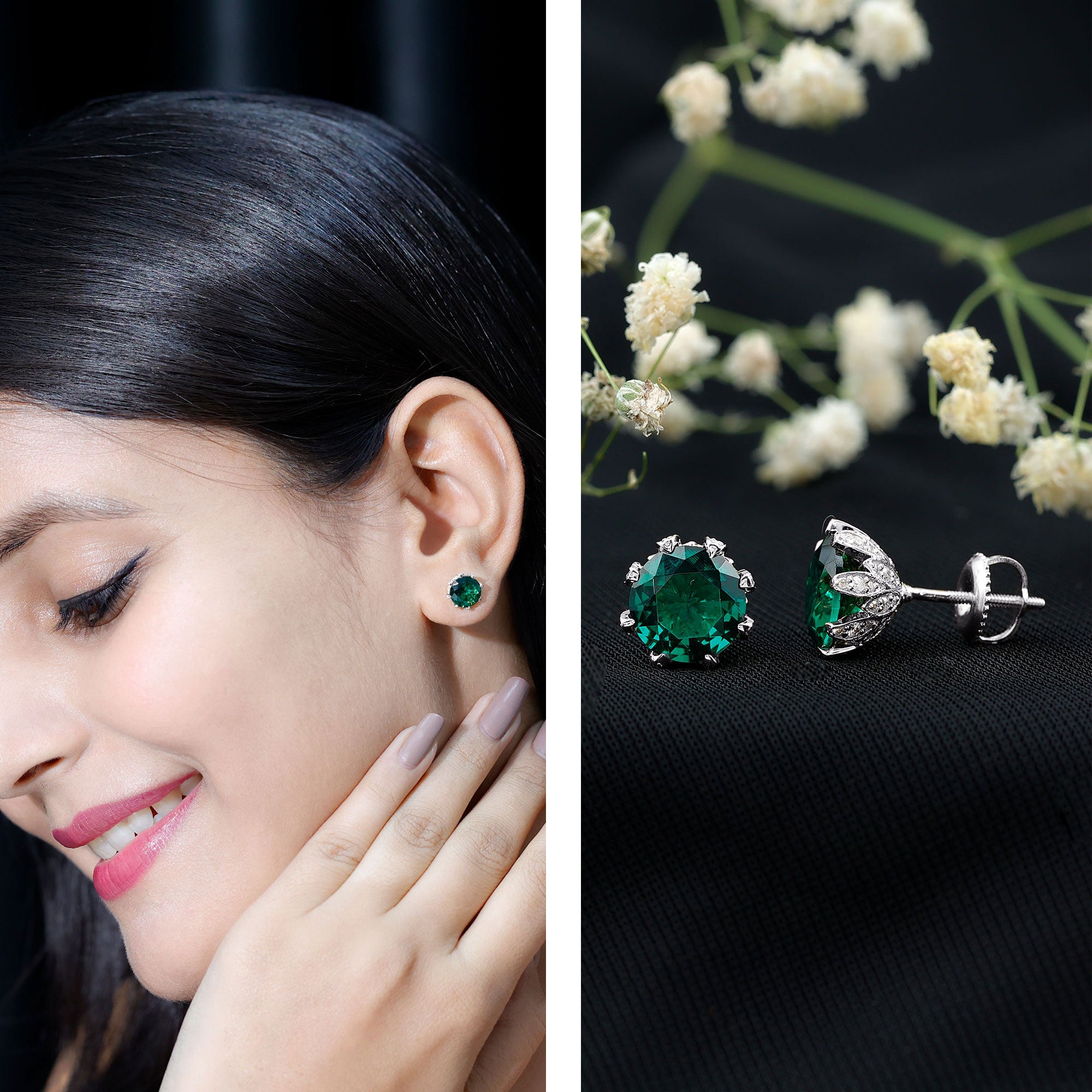 4 Carat Certified Lab Created Emerald Floral Stud Earrings AAAA - Rosec Jewels
