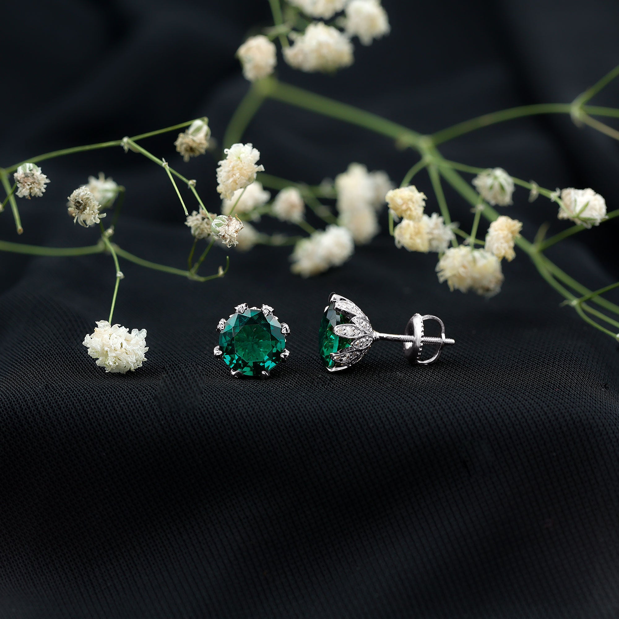 4 Carat Certified Lab Created Emerald Floral Stud Earrings AAAA - Rosec Jewels