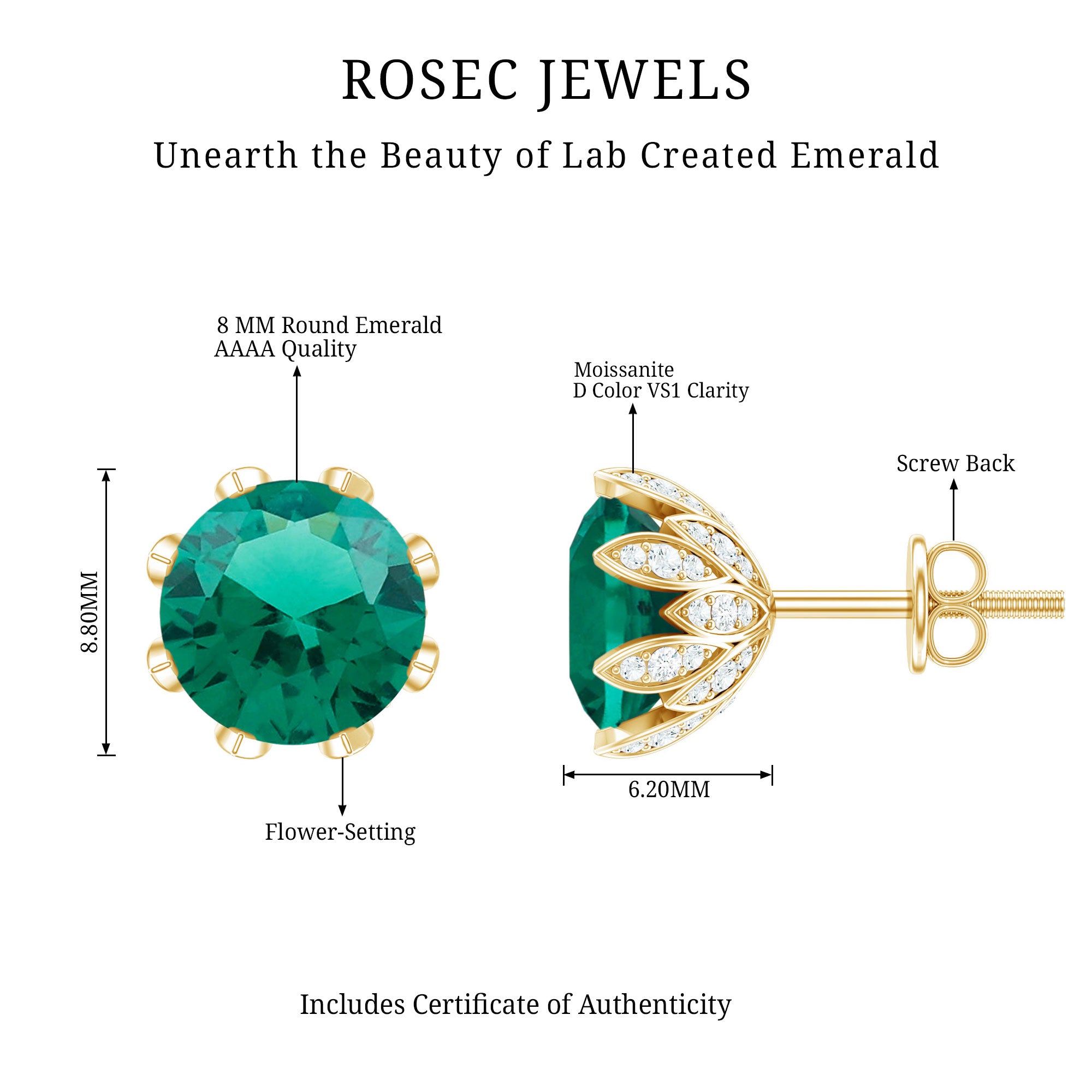 4 Carat Certified Lab Created Emerald Floral Stud Earrings AAAA - Rosec Jewels