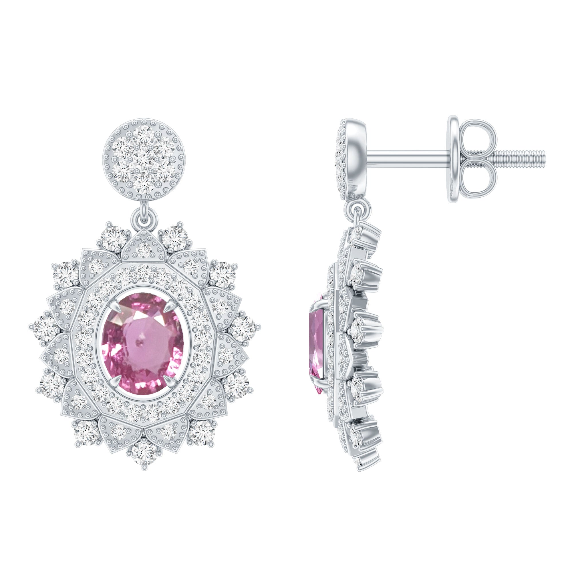 Genuine Pink Sapphire and Diamond Bridal Dangle Earrings AAA 92.5 Sterling Silver - Rosec Jewels