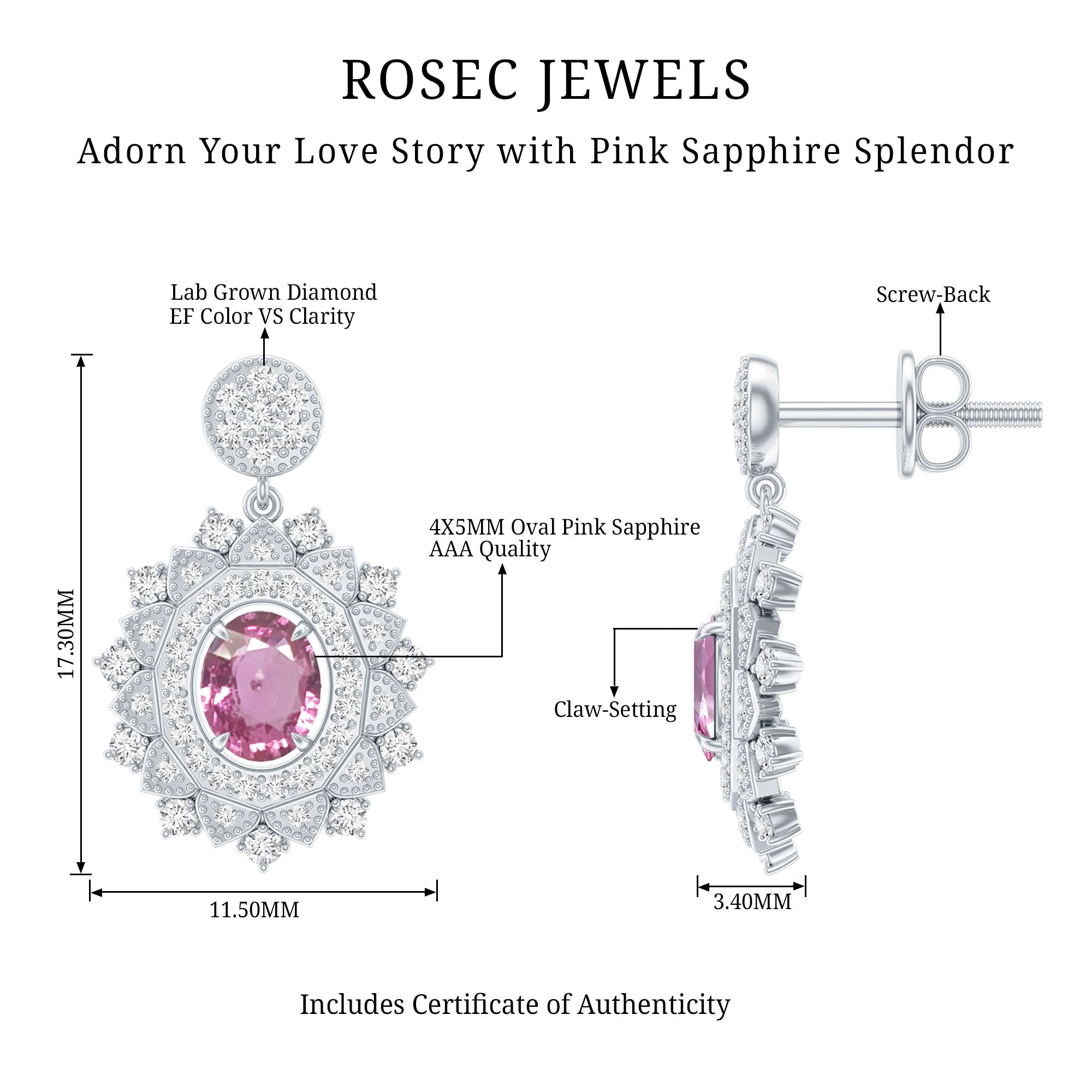 Genuine Pink Sapphire and Diamond Bridal Dangle Earrings AAA 92.5 Sterling Silver - Rosec Jewels