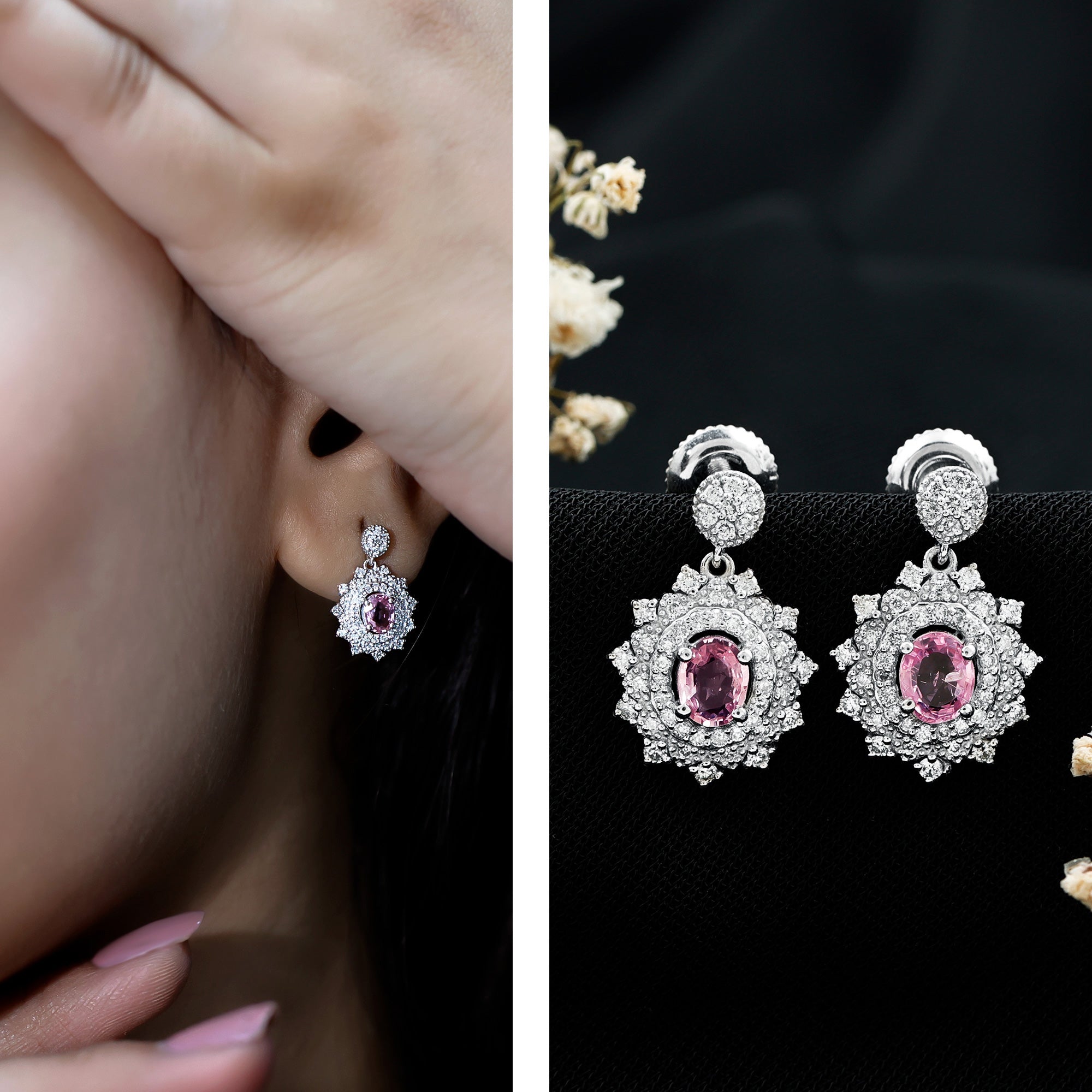 Genuine Pink Sapphire and Diamond Bridal Dangle Earrings AAA 92.5 Sterling Silver - Rosec Jewels