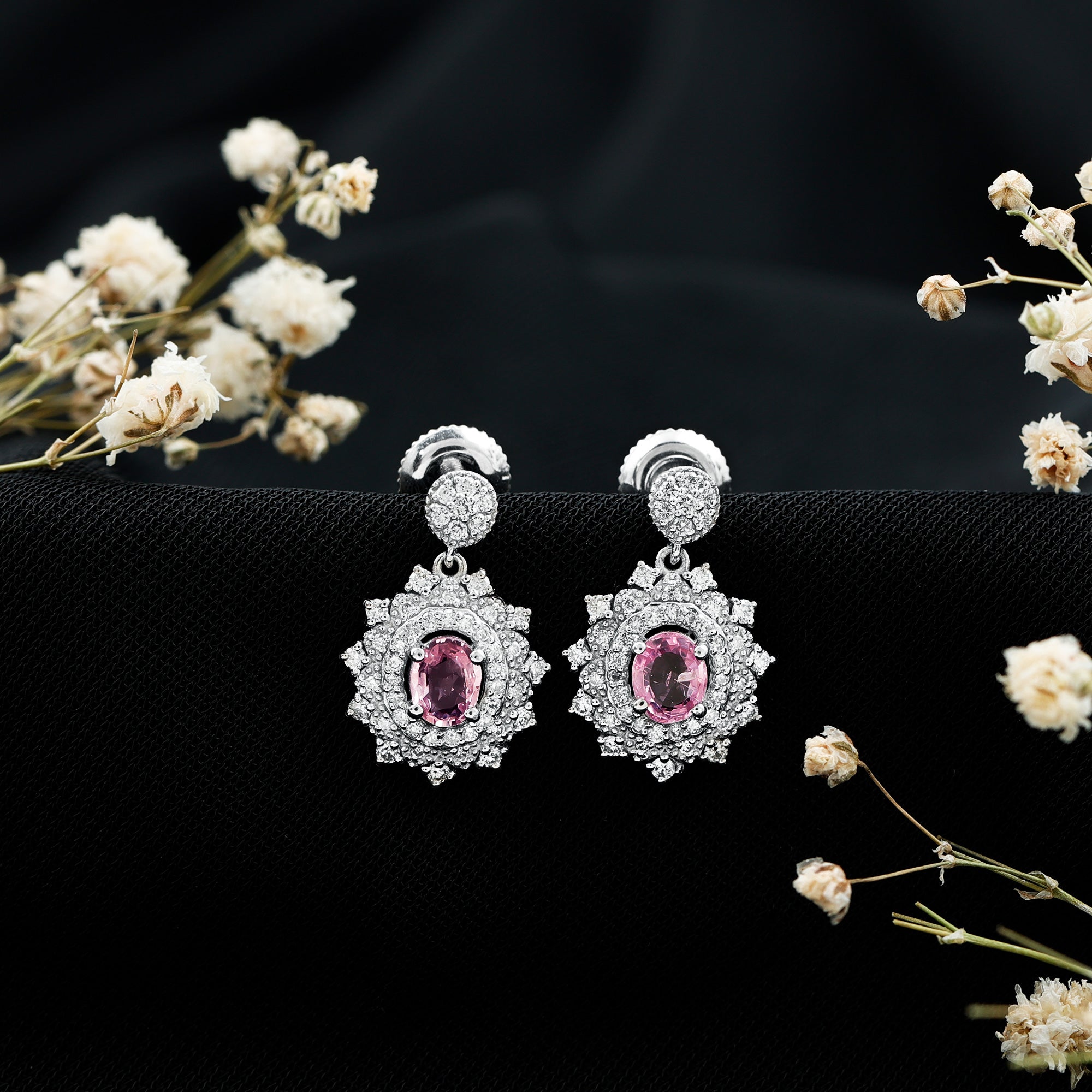 Genuine Pink Sapphire and Diamond Bridal Dangle Earrings AAA 92.5 Sterling Silver - Rosec Jewels