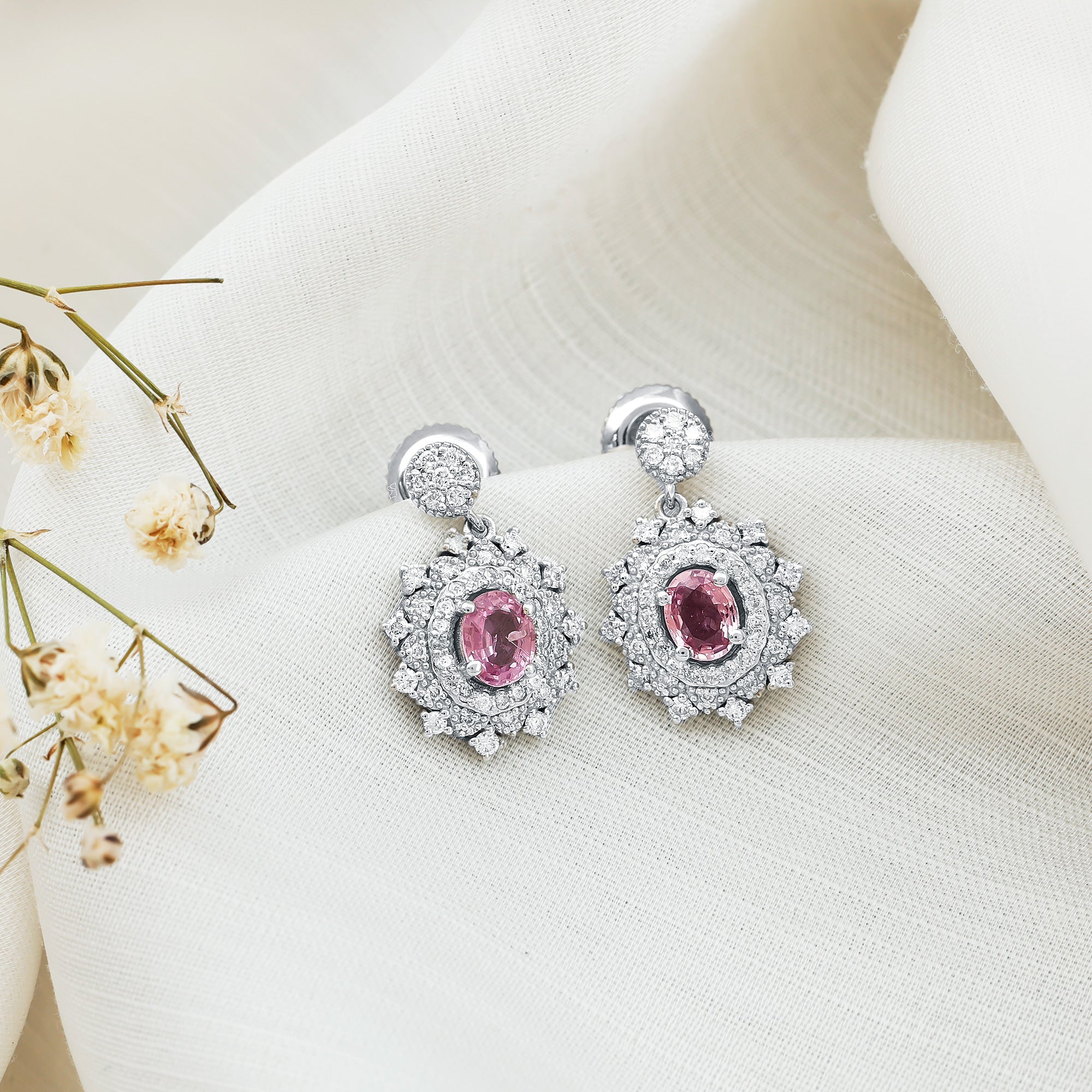 Genuine Pink Sapphire and Diamond Bridal Dangle Earrings AAA 92.5 Sterling Silver - Rosec Jewels