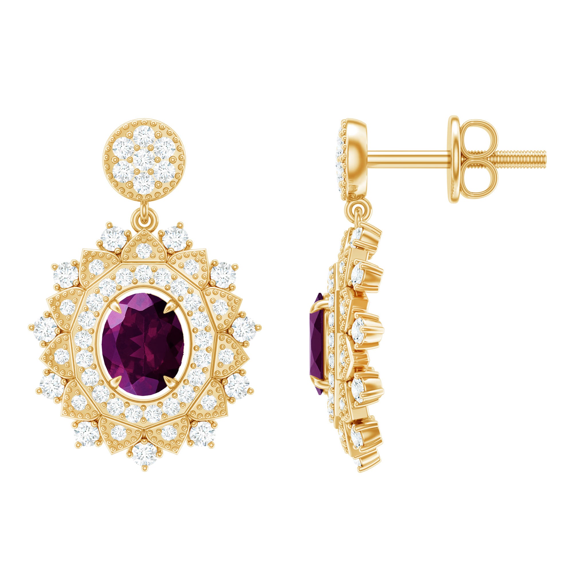Real 0.8 Carat Rhodolite Drop Earrings with Lab Diamond for Women AAA 14K Yellow Gold Plated Silver - Rosec Jewels