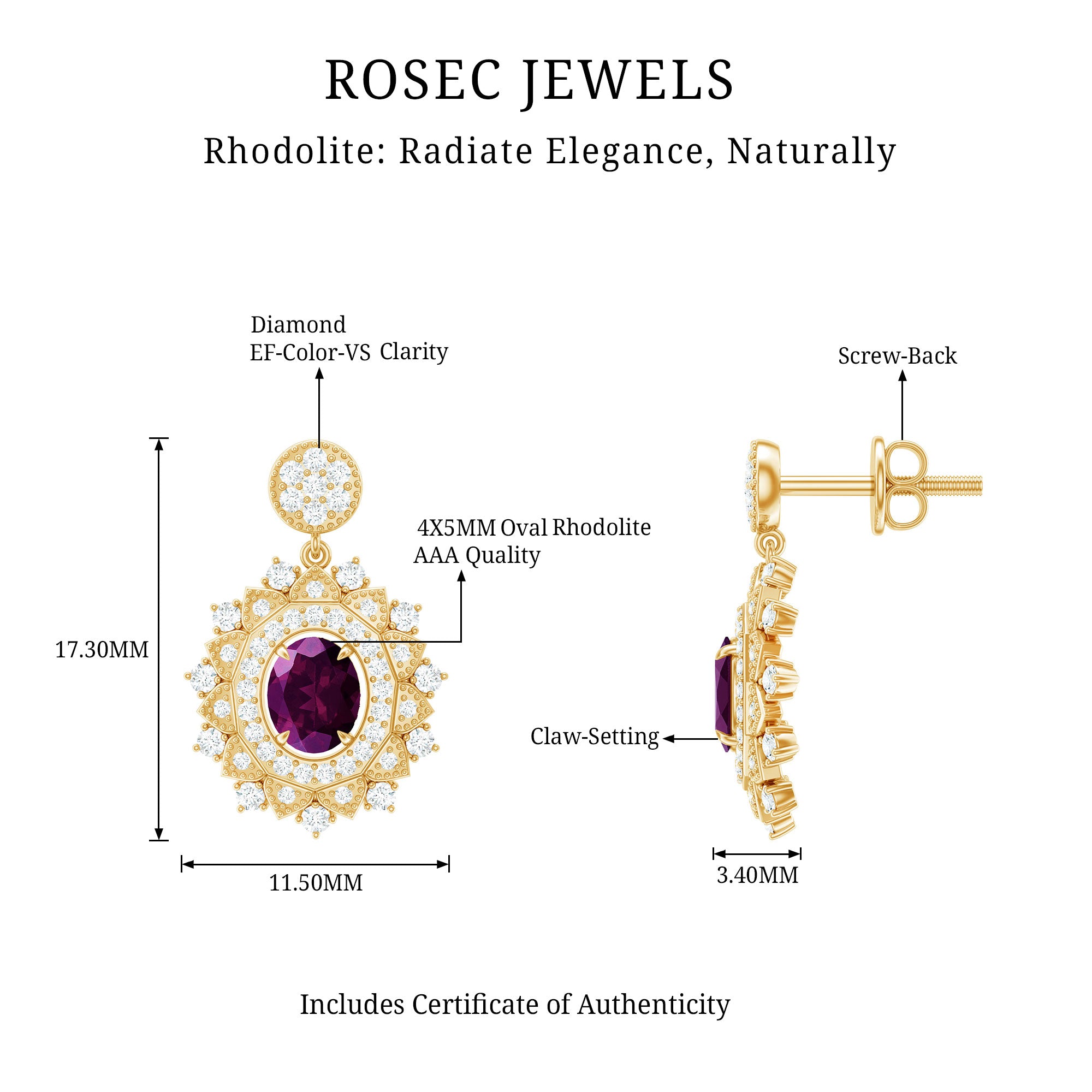 Real 0.8 Carat Rhodolite Drop Earrings with Lab Diamond for Women AAA 14K Yellow Gold Plated Silver - Rosec Jewels
