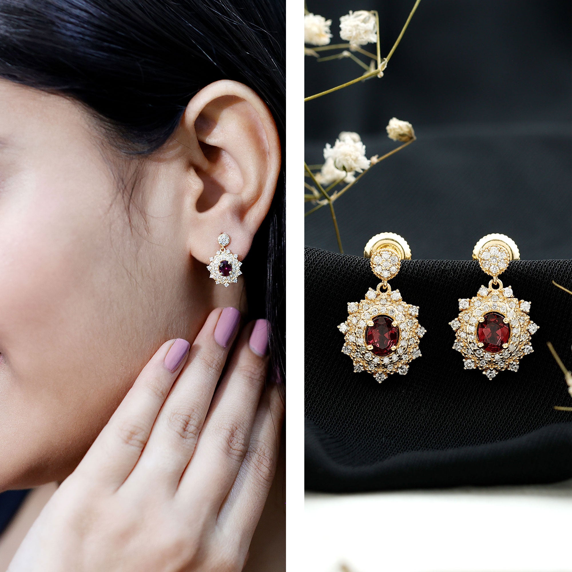Real 0.8 Carat Rhodolite Drop Earrings with Lab Diamond for Women AAA 14K Yellow Gold Plated Silver - Rosec Jewels