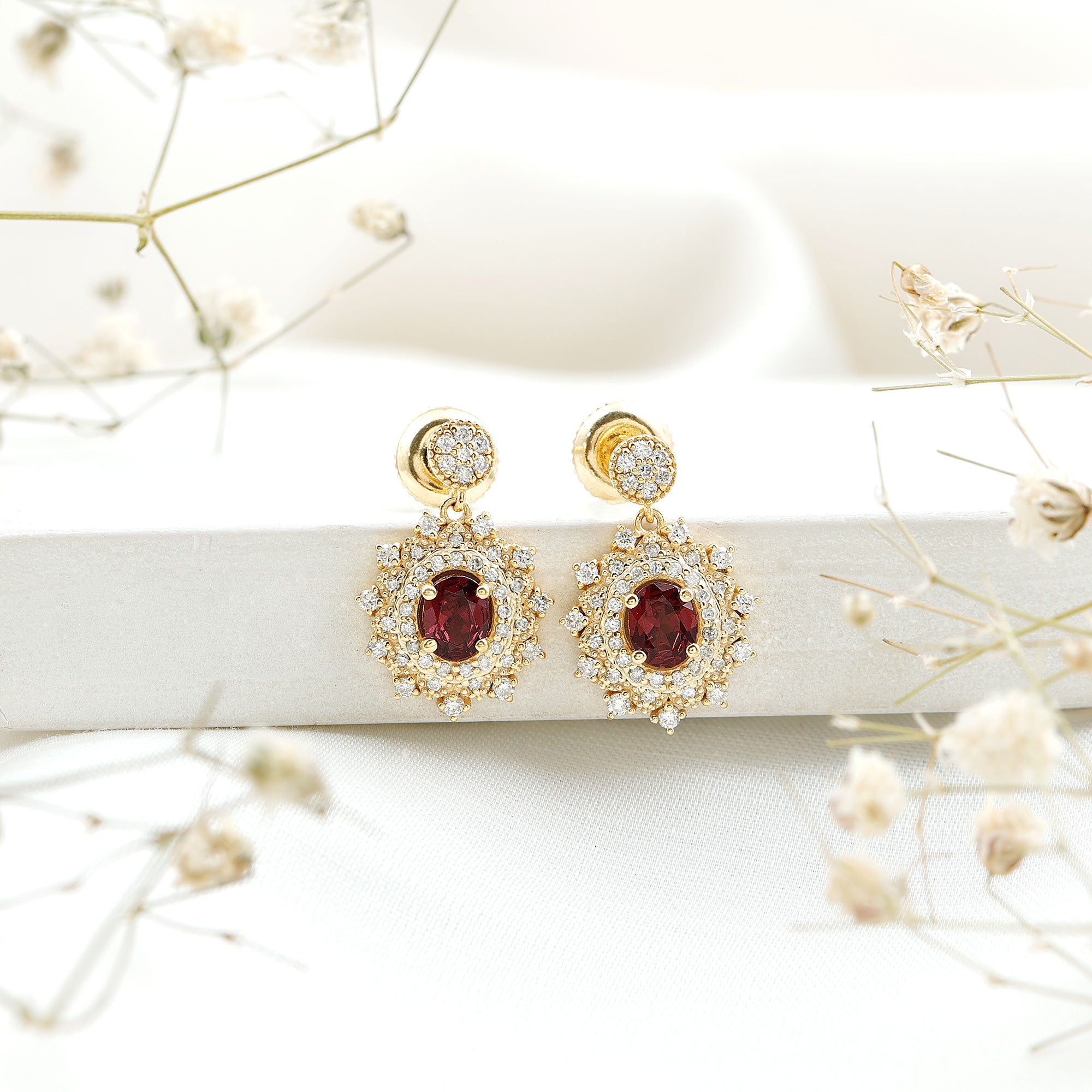 Real 0.8 Carat Rhodolite Drop Earrings with Lab Diamond for Women AAA 14K Yellow Gold Plated Silver - Rosec Jewels