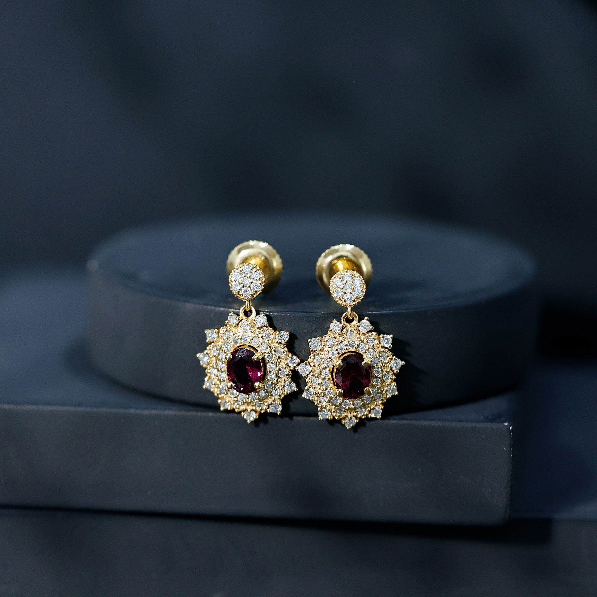 Real 0.8 Carat Rhodolite Drop Earrings with Lab Diamond for Women AAA 14K Yellow Gold Plated Silver - Rosec Jewels