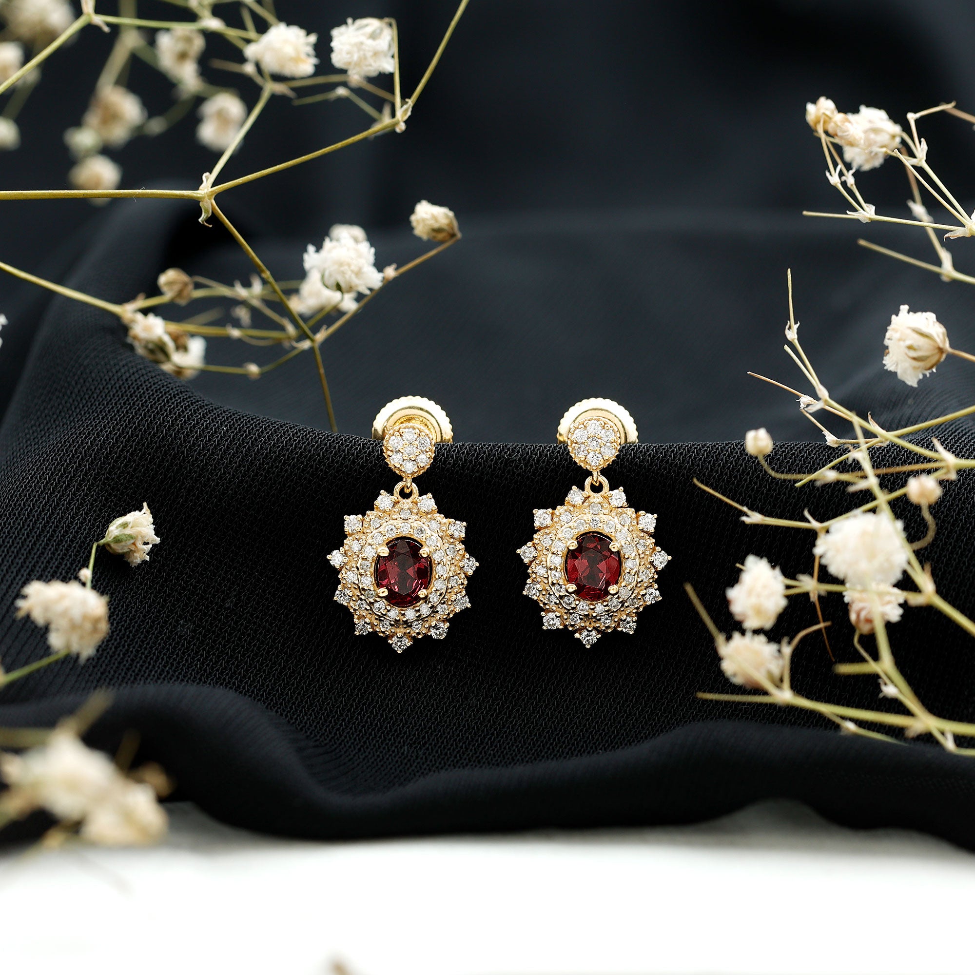 Real 0.8 Carat Rhodolite Drop Earrings with Lab Diamond for Women AAA 14K Yellow Gold Plated Silver - Rosec Jewels