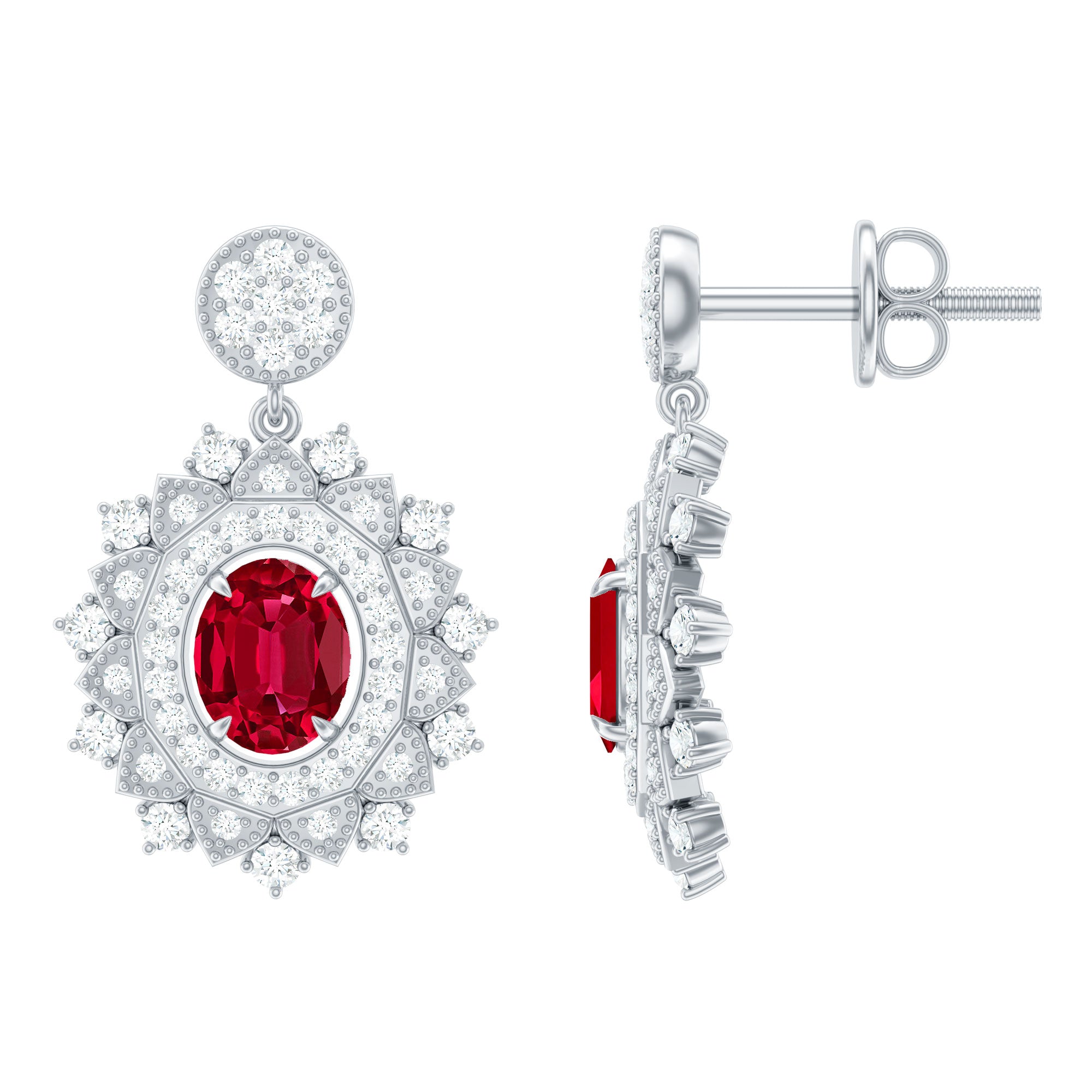 Vintage Lab Created Ruby Bridal Drop Earrings with Diamonds