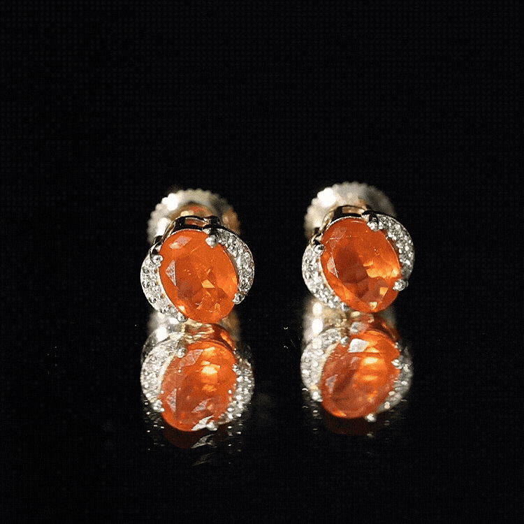 Orange Fire Opal Solitaire Stud Earrings with Diamond AAA - Rosec Jewels