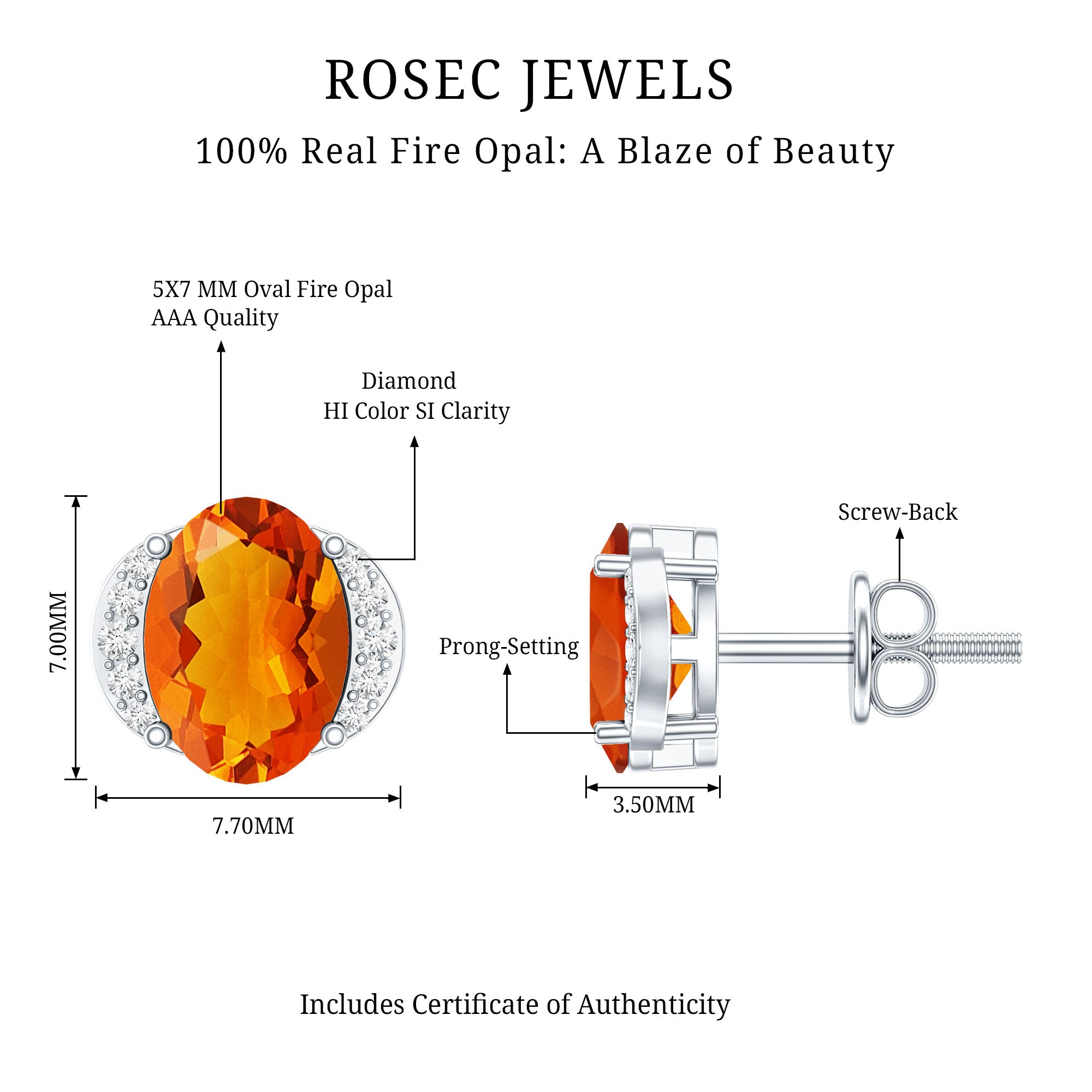 Orange Fire Opal Solitaire Stud Earrings with Diamond AAA - Rosec Jewels