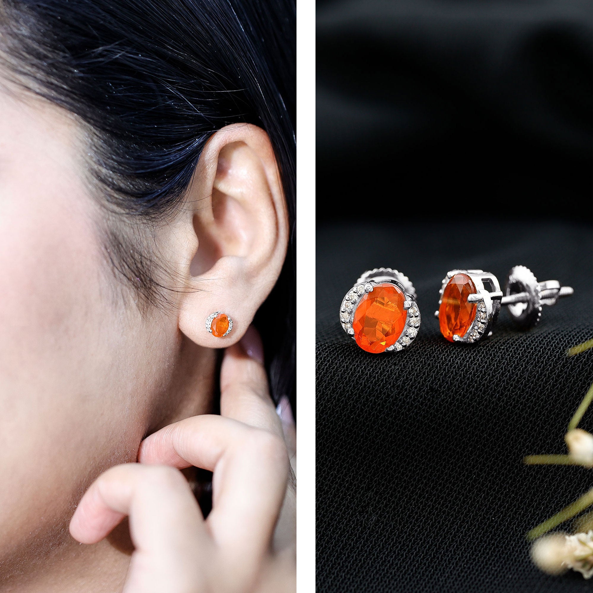 Orange Fire Opal Solitaire Stud Earrings with Diamond AAA - Rosec Jewels