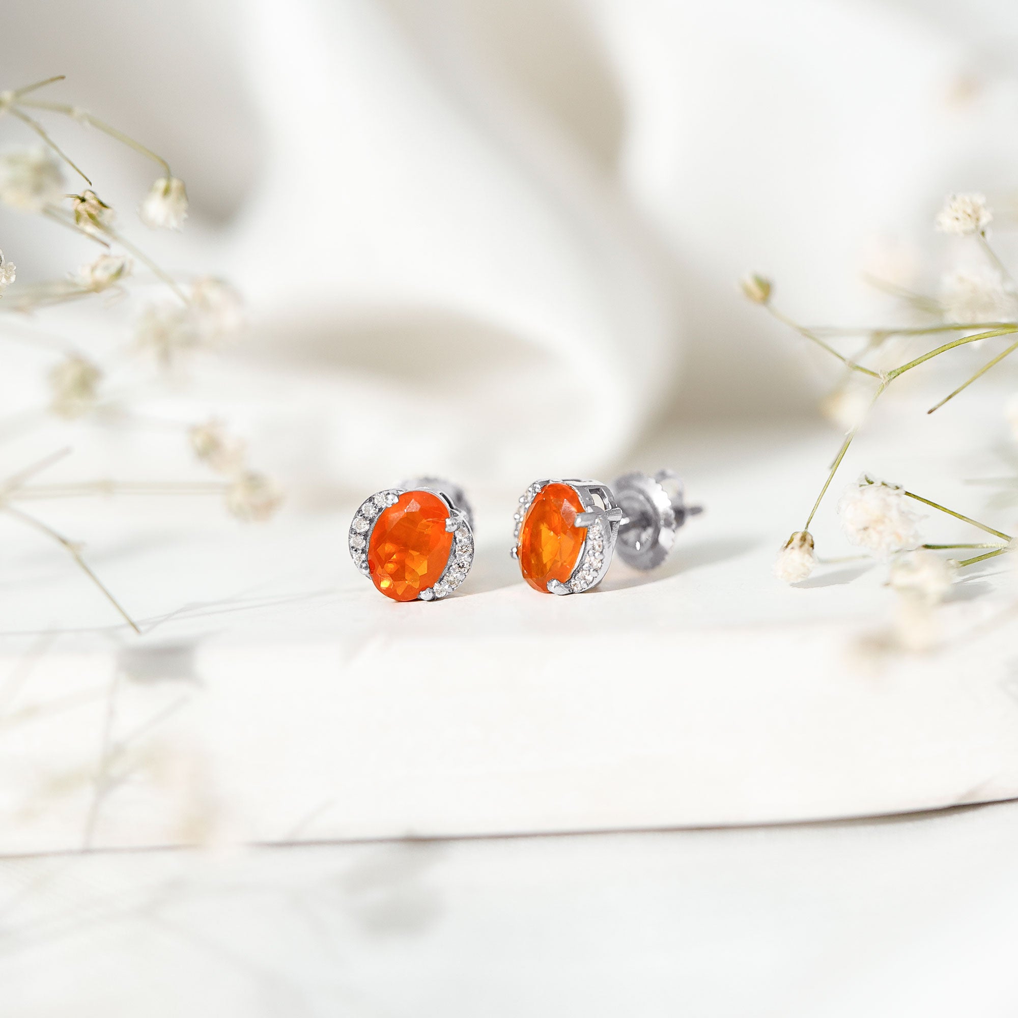 Orange Fire Opal Solitaire Stud Earrings with Diamond AAA - Rosec Jewels