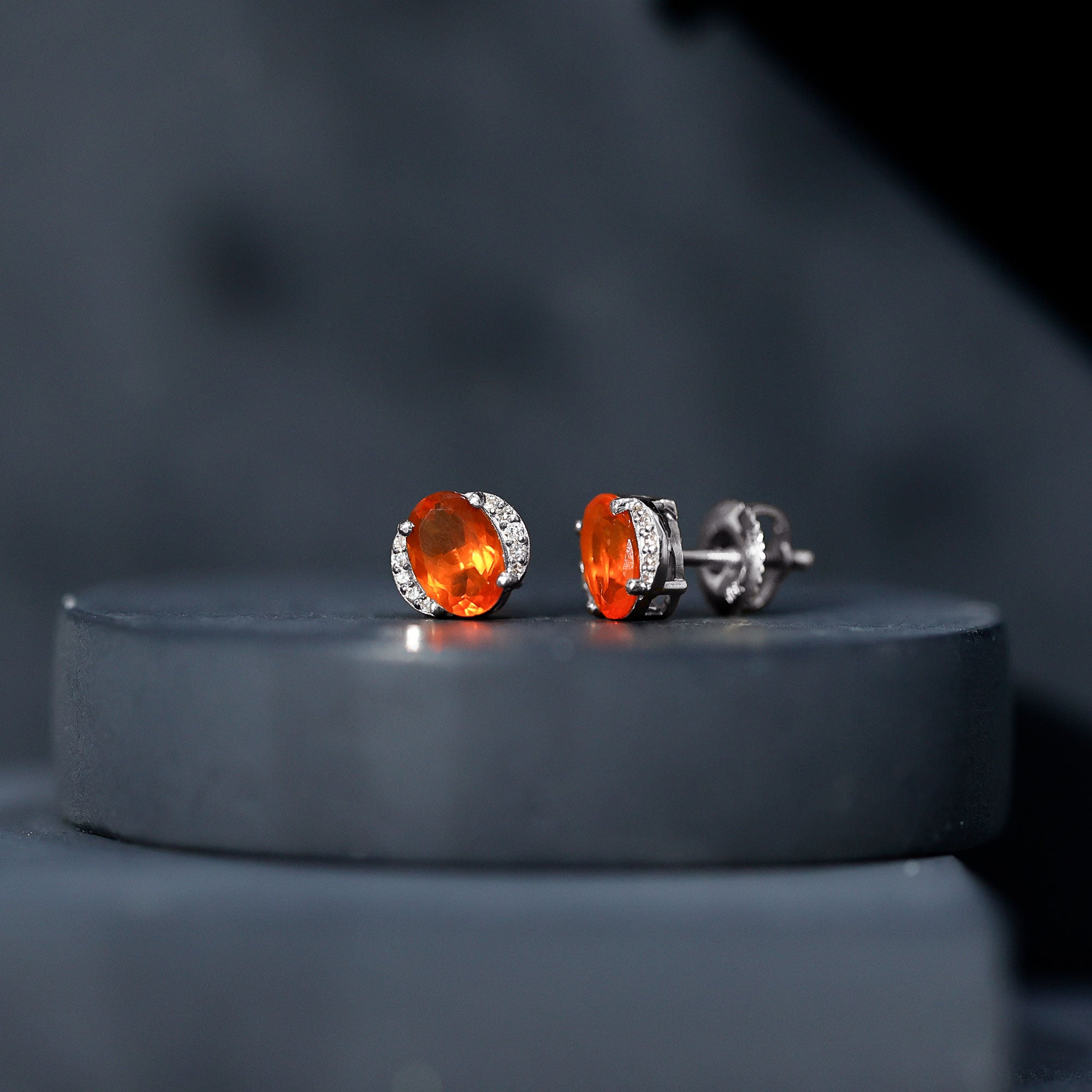 Orange Fire Opal Solitaire Stud Earrings with Diamond AAA - Rosec Jewels