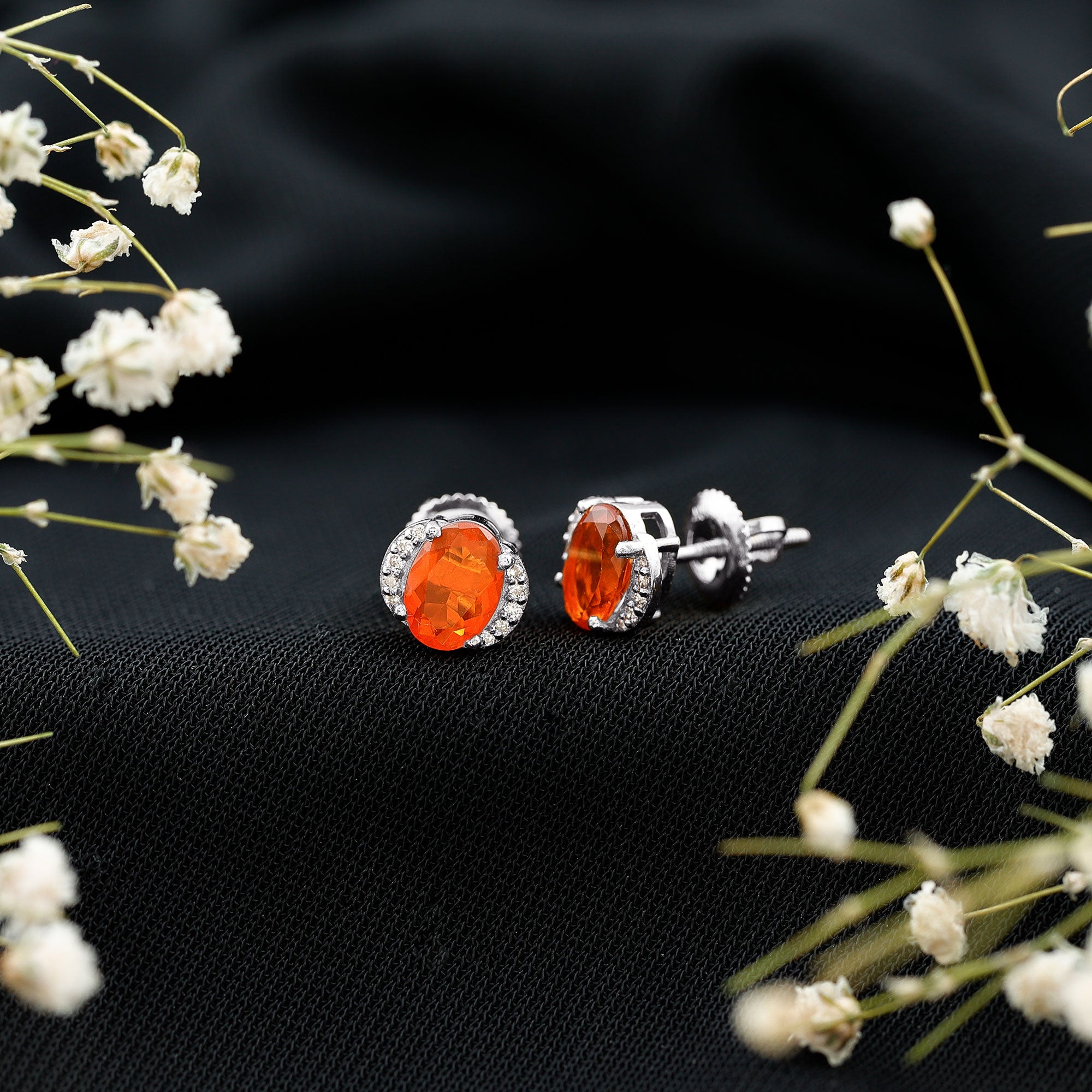 Orange Fire Opal Solitaire Stud Earrings with Diamond AAA - Rosec Jewels