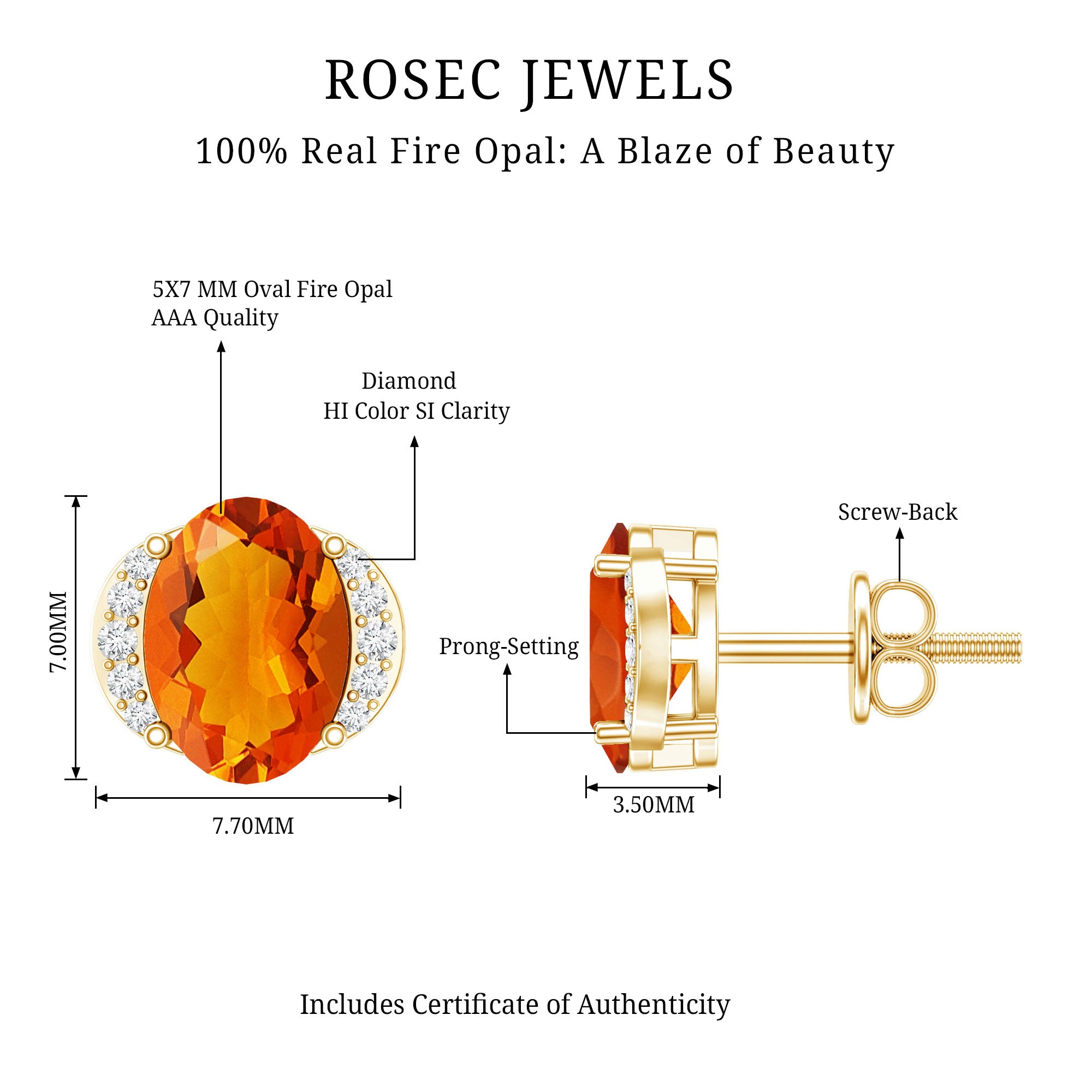 Orange Fire Opal Solitaire Stud Earrings with Diamond AAA - Rosec Jewels