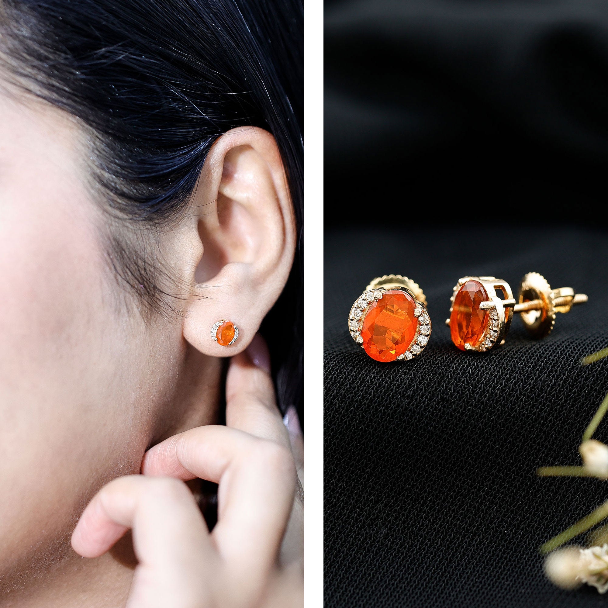 Orange Fire Opal Solitaire Stud Earrings with Diamond AAA - Rosec Jewels