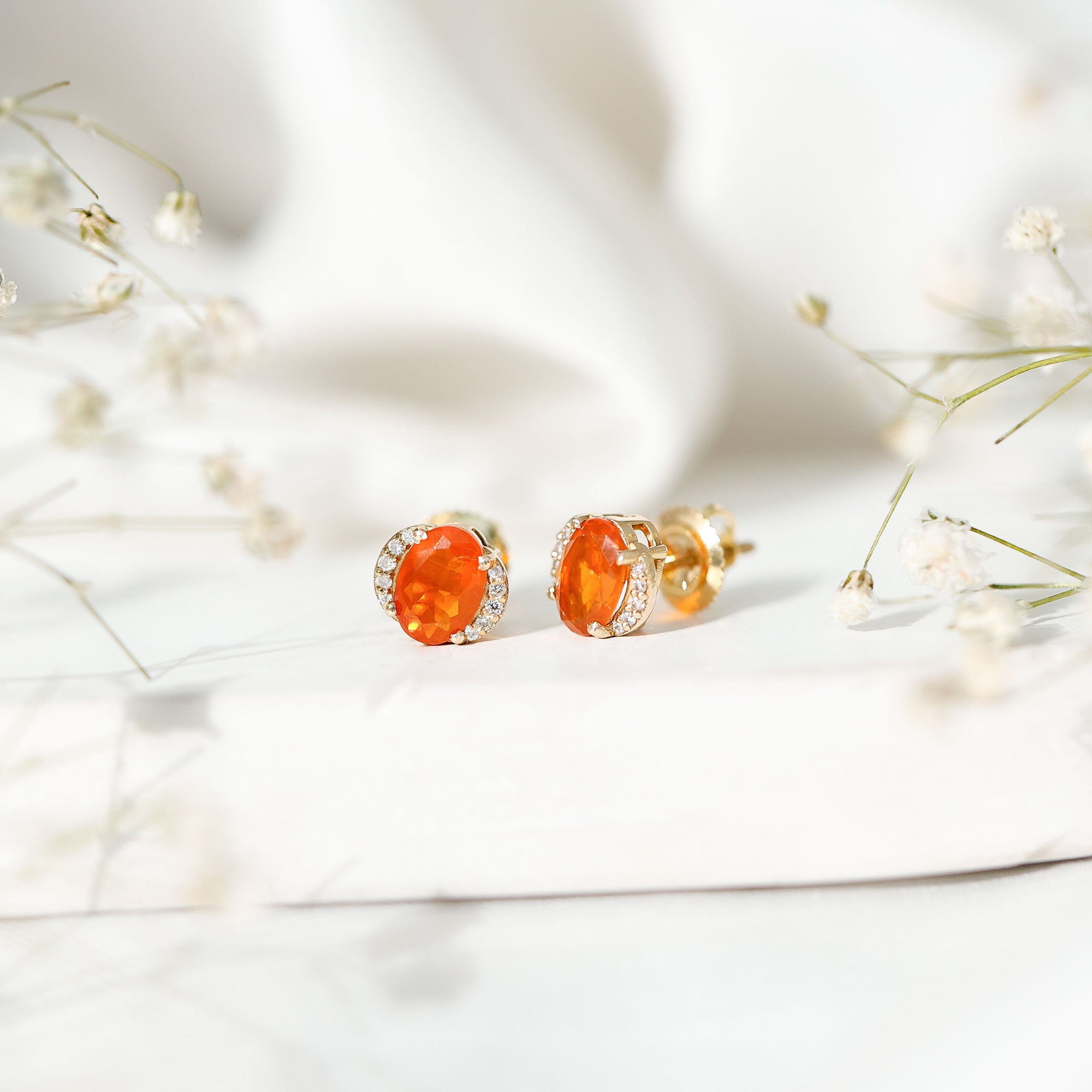 Orange Fire Opal Solitaire Stud Earrings with Diamond AAA - Rosec Jewels