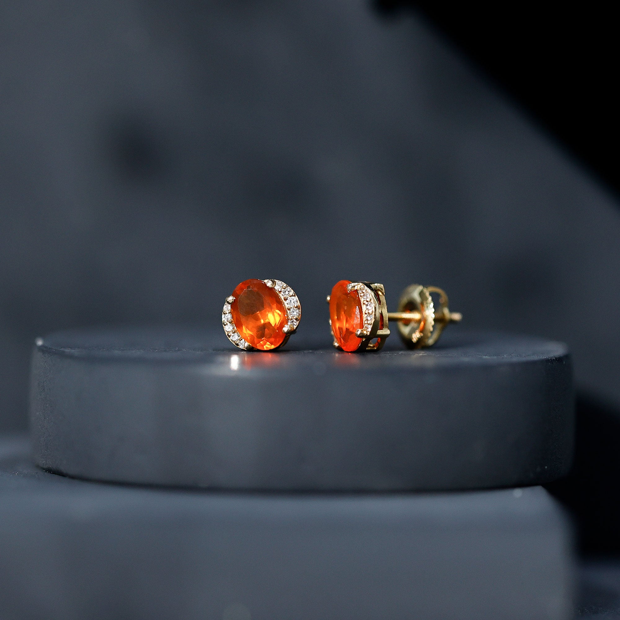 Orange Fire Opal Solitaire Stud Earrings with Diamond AAA - Rosec Jewels
