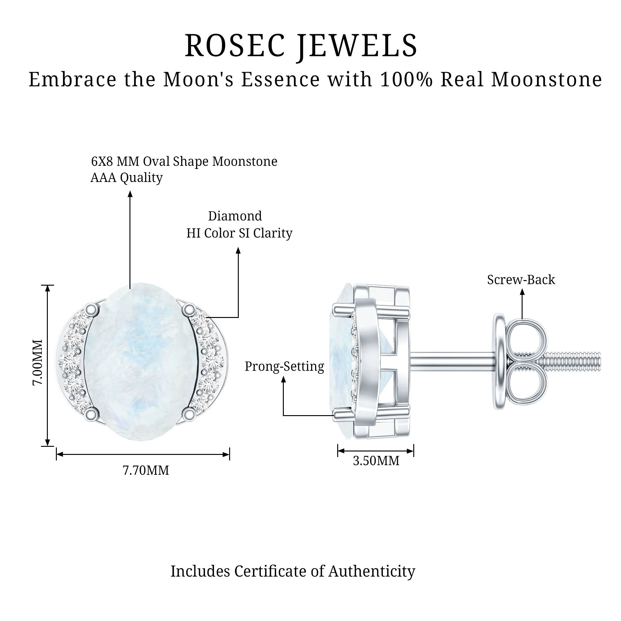 1.2 Carat Oval Moonstone Solitaire Stud Earrings with Diamond AAA - Rosec Jewels