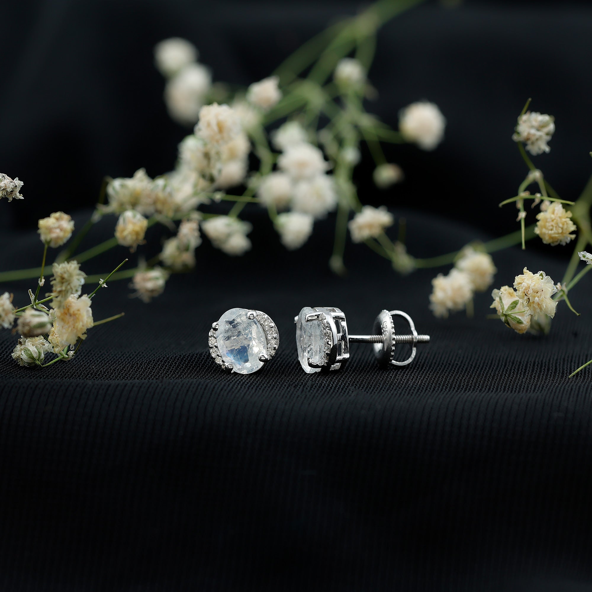 1.2 Carat Oval Moonstone Solitaire Stud Earrings with Diamond AAA - Rosec Jewels