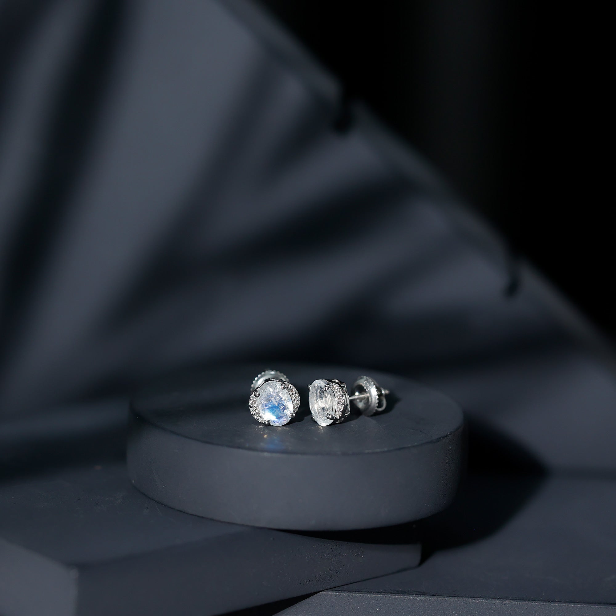 1.2 Carat Oval Moonstone Solitaire Stud Earrings with Diamond AAA - Rosec Jewels