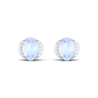 Oval Moonstone Minimal Solitaire Stud Earrings with Diamond Moonstone - ( AAA ) - Quality - Rosec Jewels