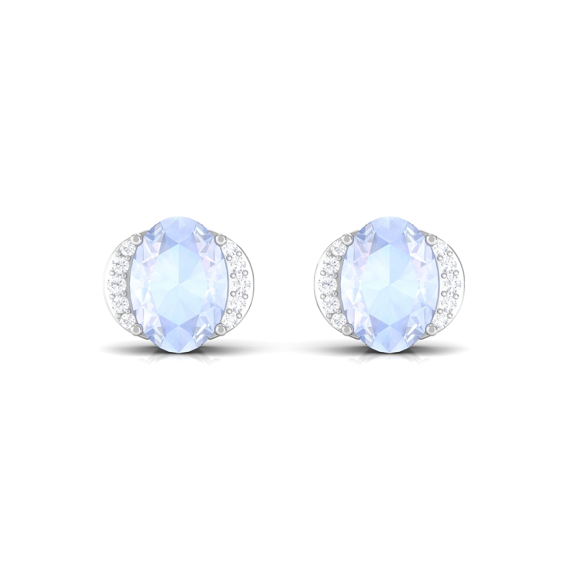 Oval Moonstone Minimal Solitaire Stud Earrings with Diamond Moonstone - ( AAA ) - Quality - Rosec Jewels
