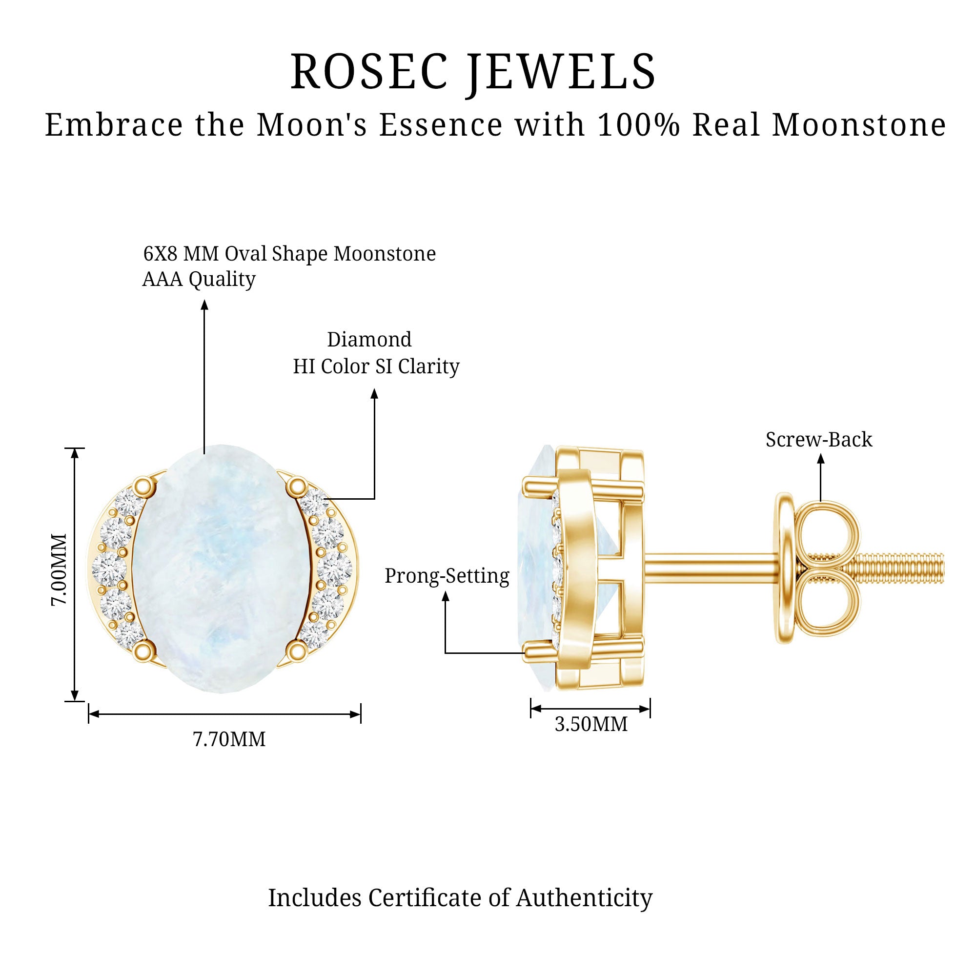 1.2 Carat Oval Moonstone Solitaire Stud Earrings with Diamond AAA - Rosec Jewels