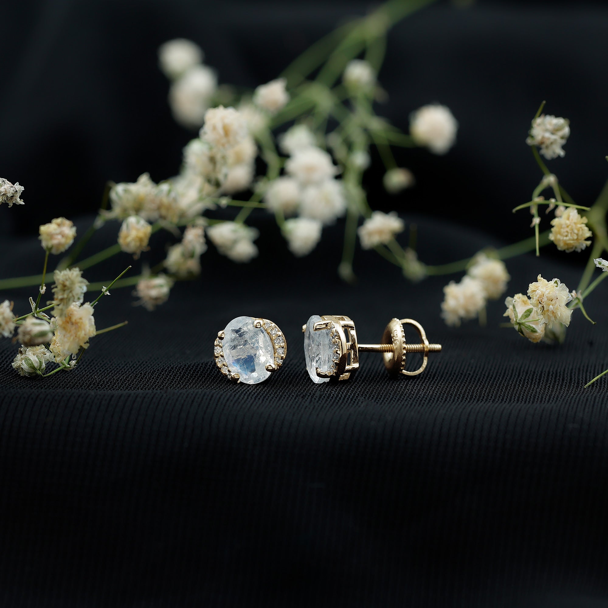1.2 Carat Oval Moonstone Solitaire Stud Earrings with Diamond AAA - Rosec Jewels