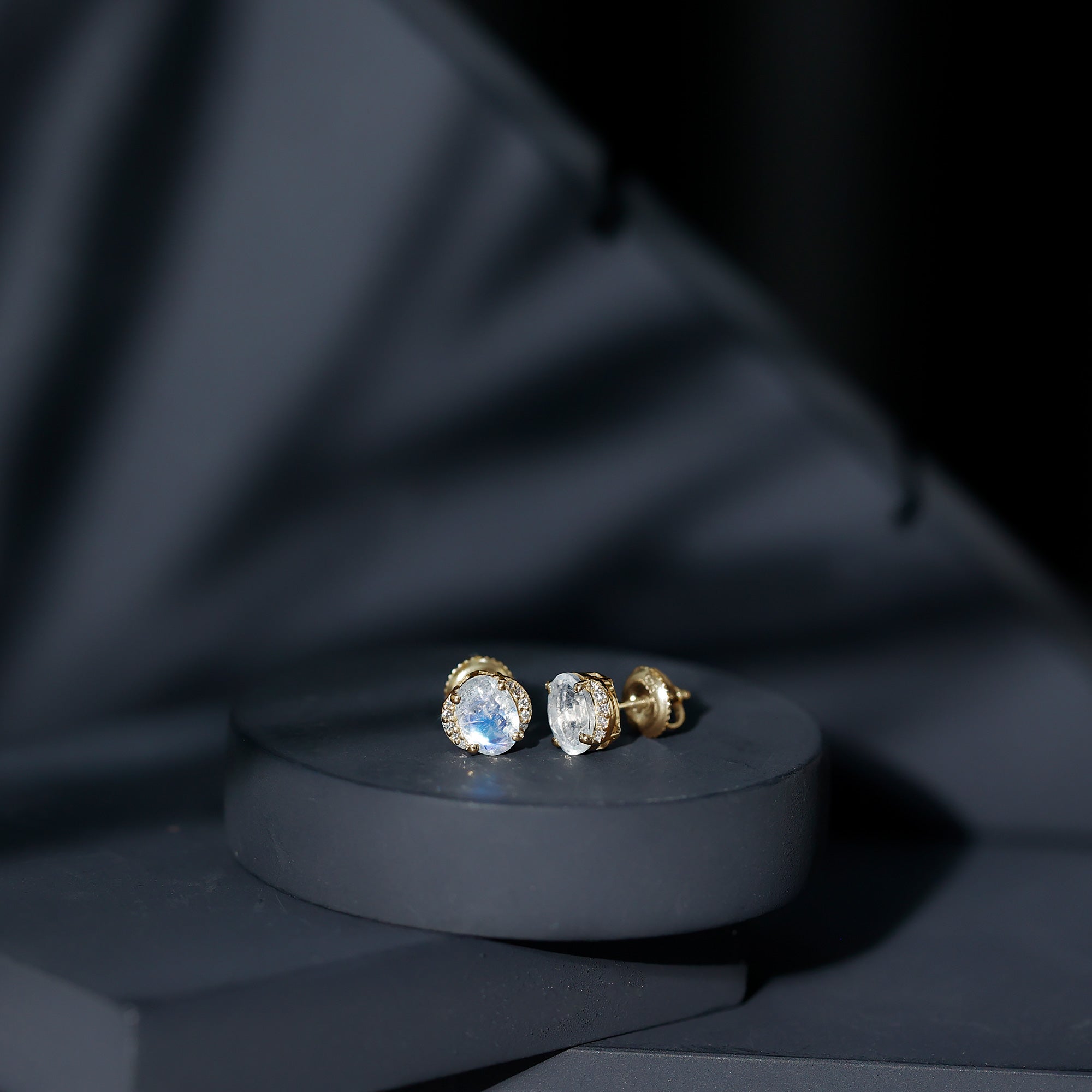 1.2 Carat Oval Moonstone Solitaire Stud Earrings with Diamond AAA - Rosec Jewels