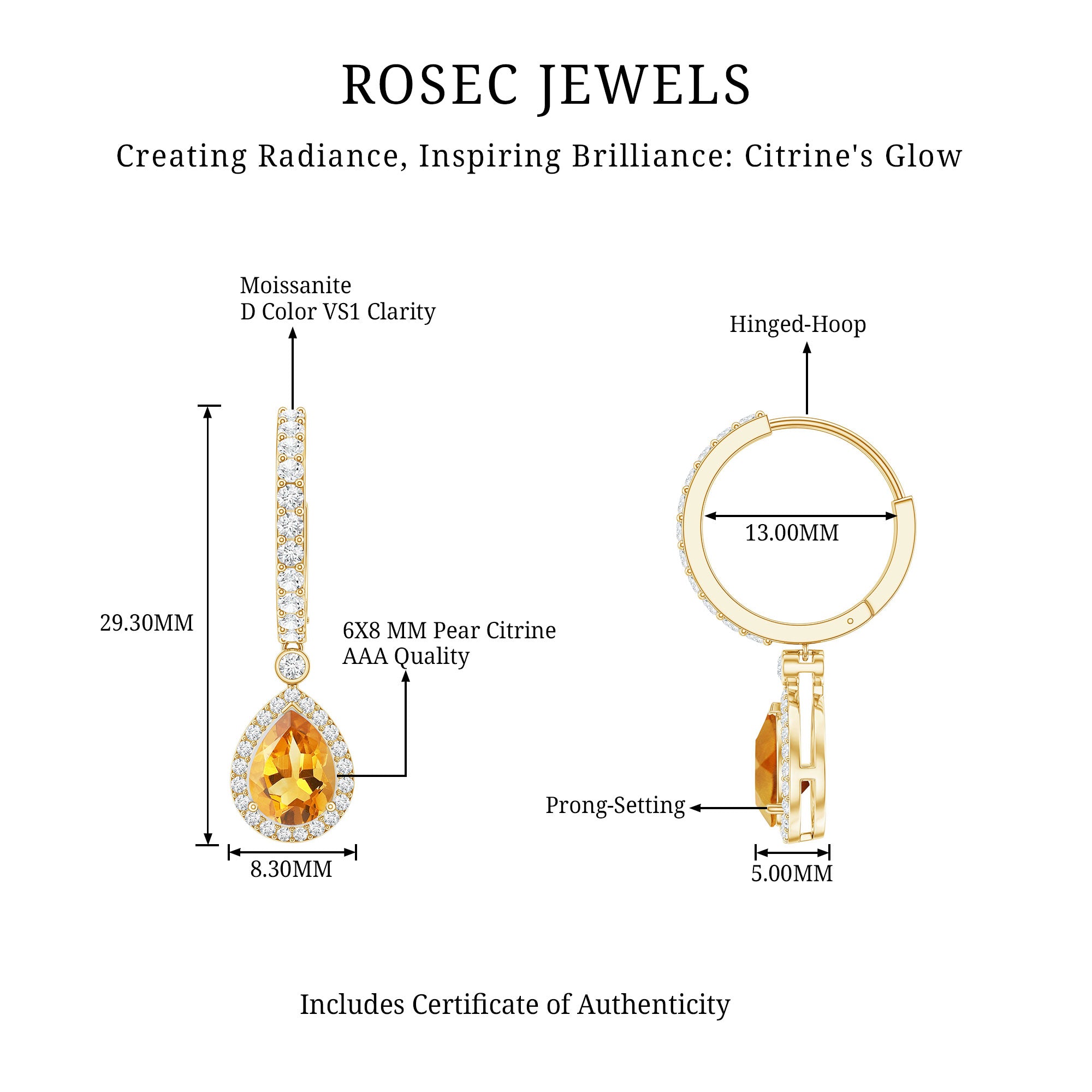Natural Citrine Teardrop Earrings with Hinged Hoop AAA - Rosec Jewels